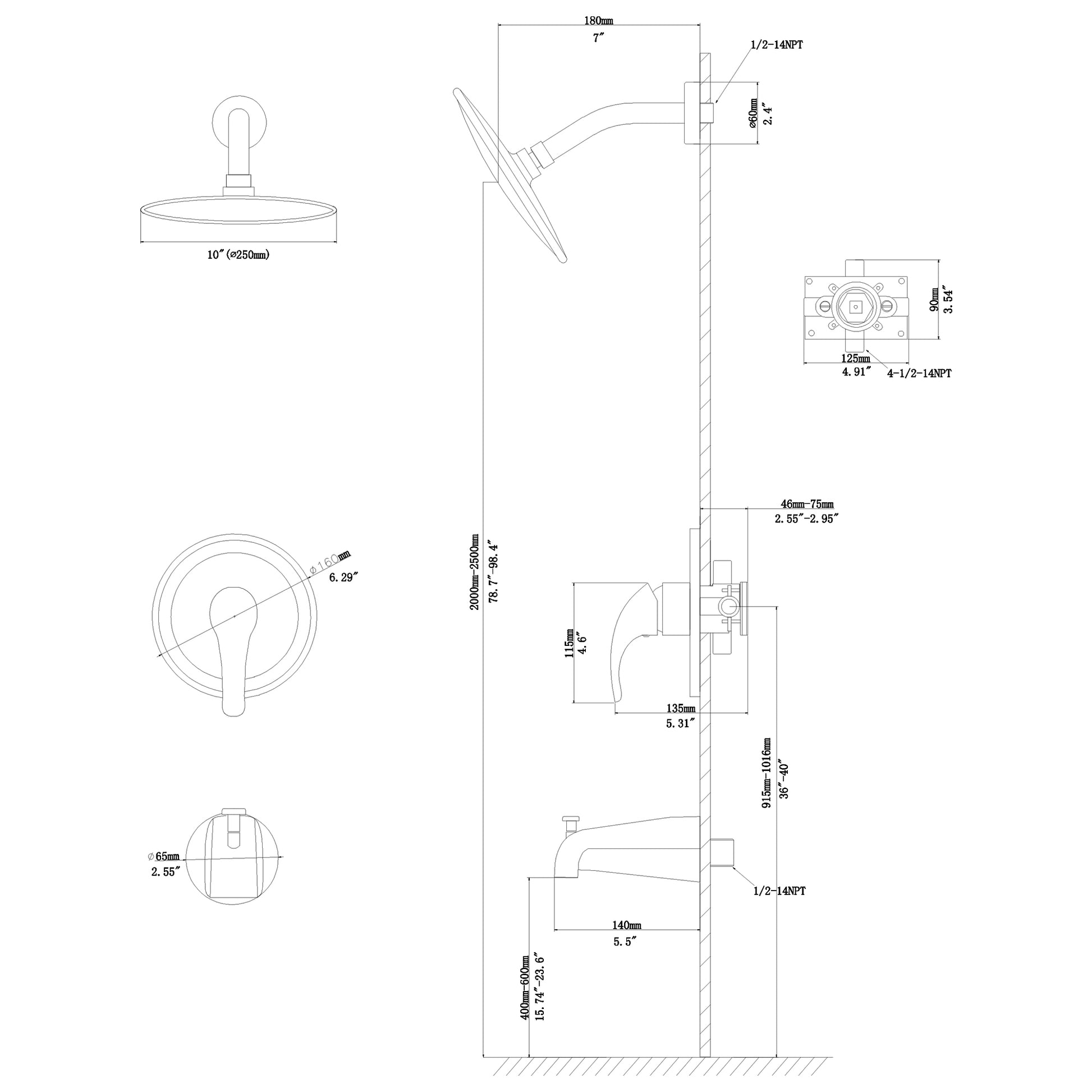 10" Round Rain Shower Head Systems With Waterfall Tub Spout, Matte Black,Wall Mounted Shower Matte Black Stainless Steel