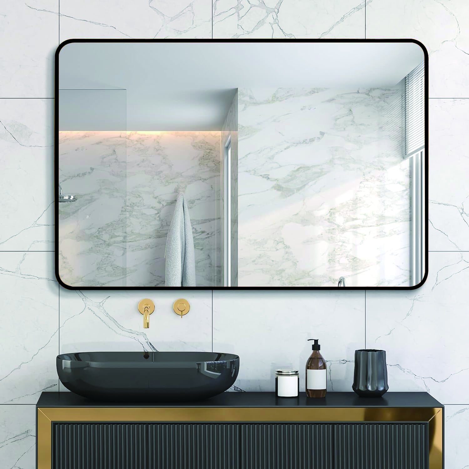 Black 30 "X40" Rectangular Bathroom Wall Mirror Black Classic Mdf Glass Aluminium Alloy