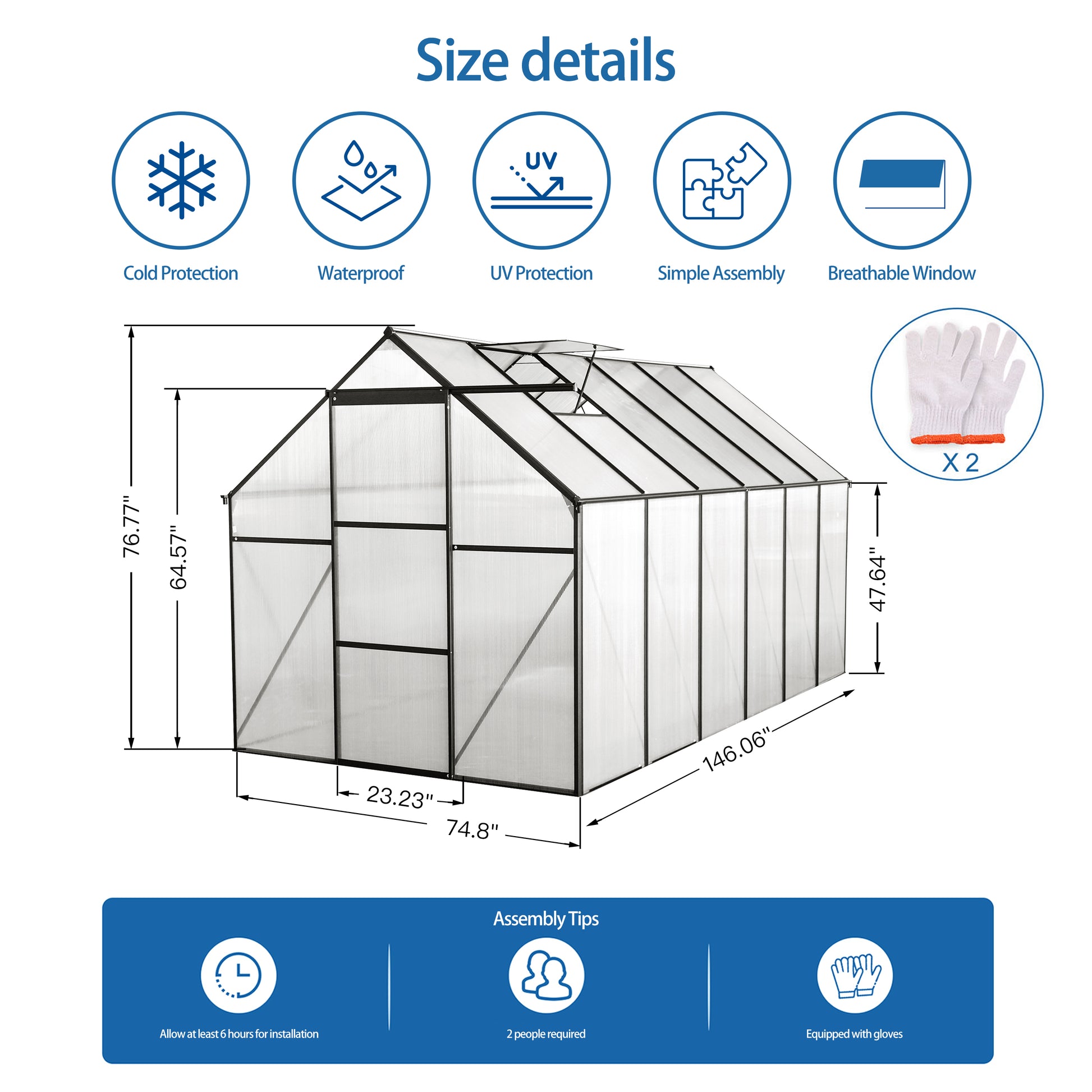 6X12 Ft Polycarbonate Greenhouse Raised Base And Anchor Aluminum Heavy Duty Walk In Greenhouses For Outdoor Backyard In All Season,Black Black Aluminium