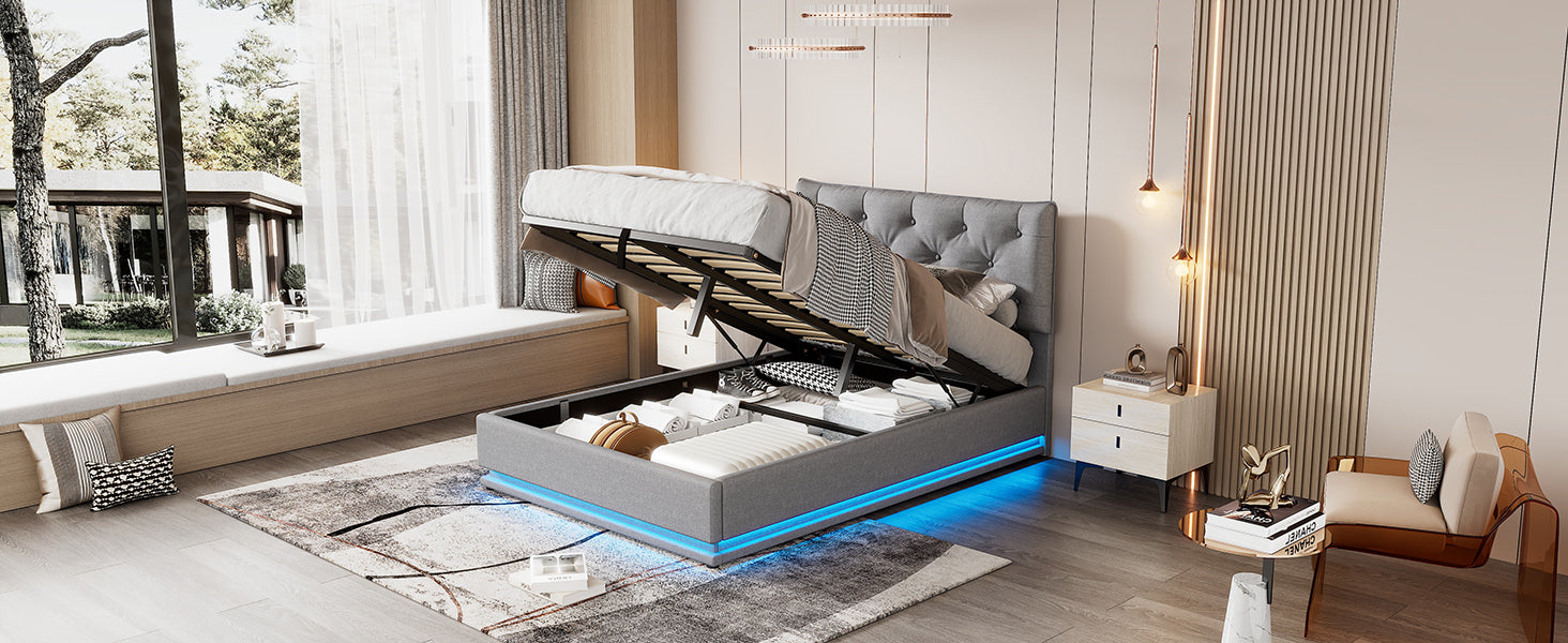 Full Size Upholstered Bed With Hydraulic Storage System And Led Light, Modern Platform Bed With Button Tufted Design Headboard, Gray Gray Linen