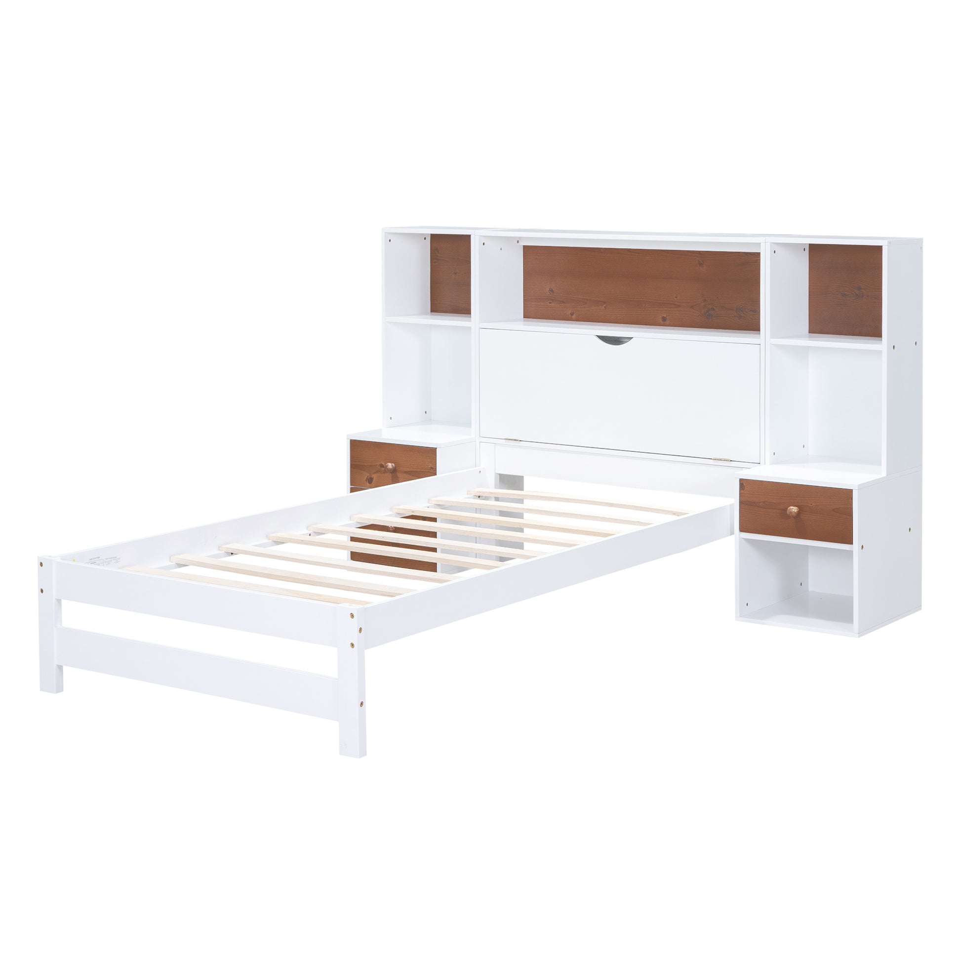 Twin Size Platform Bed With Storage Headboard And Drawers, White Twin Box Spring Not Required White Wood Bedroom Solid Wood Mdf