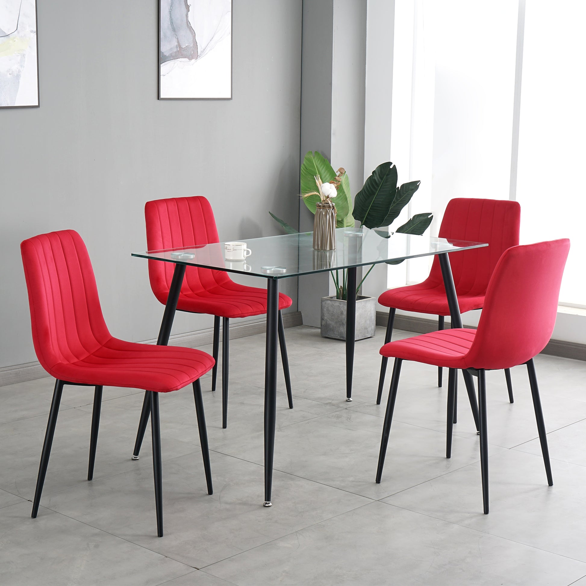 Table And Chair Set, One Table And Four Chairs. Clear Tempered Glass Table Top, 0.3 Feet Thick, Black Wrought Iron Legs. Black Spray Paint Chair Legs. Upholstered Chair Glass Red Metal Rectangular