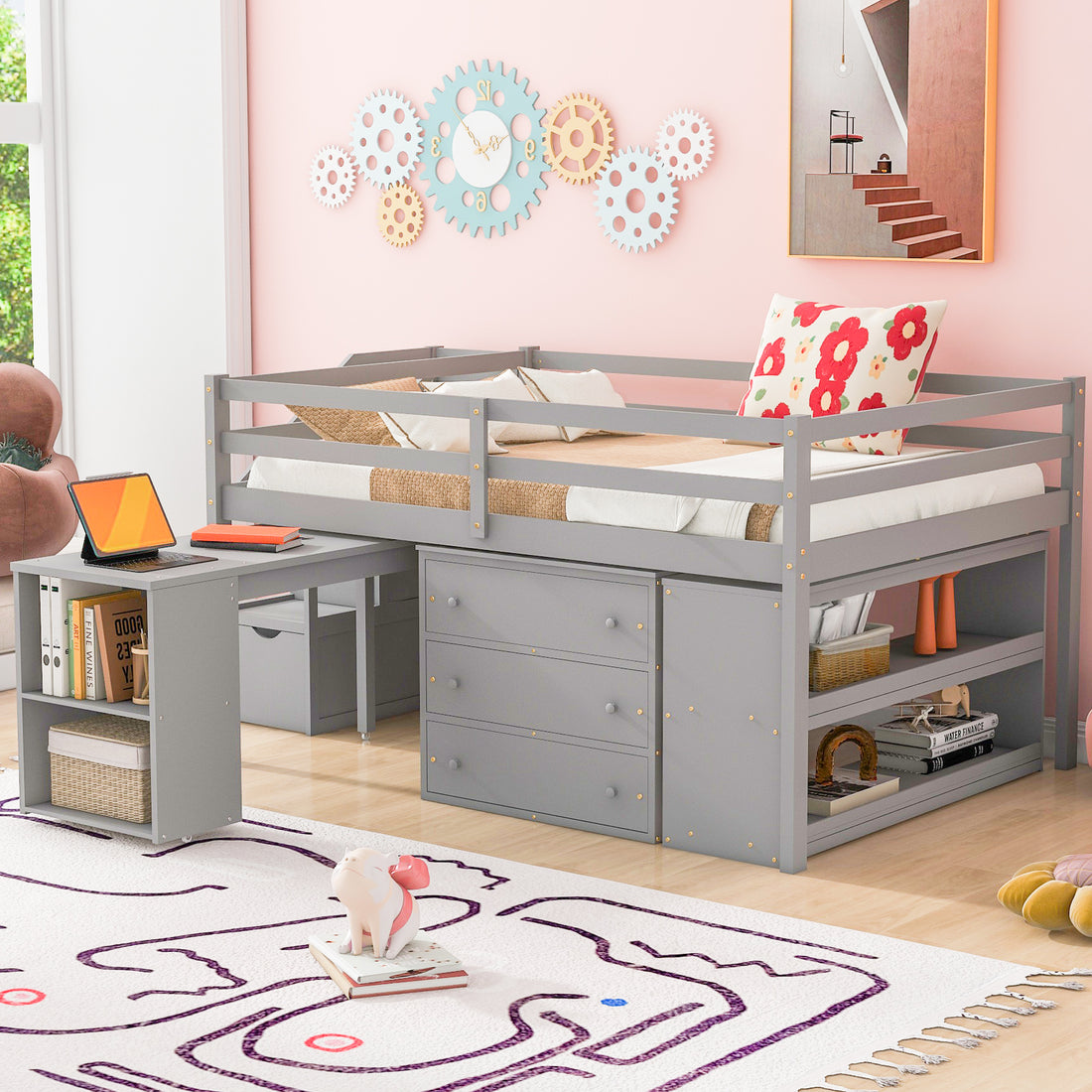 Full Size Loft Bed With Retractable Writing Desk And 3 Drawers, Wooden Loft Bed With Storage Stairs And Shelves, Gray Gray Solid Wood Mdf