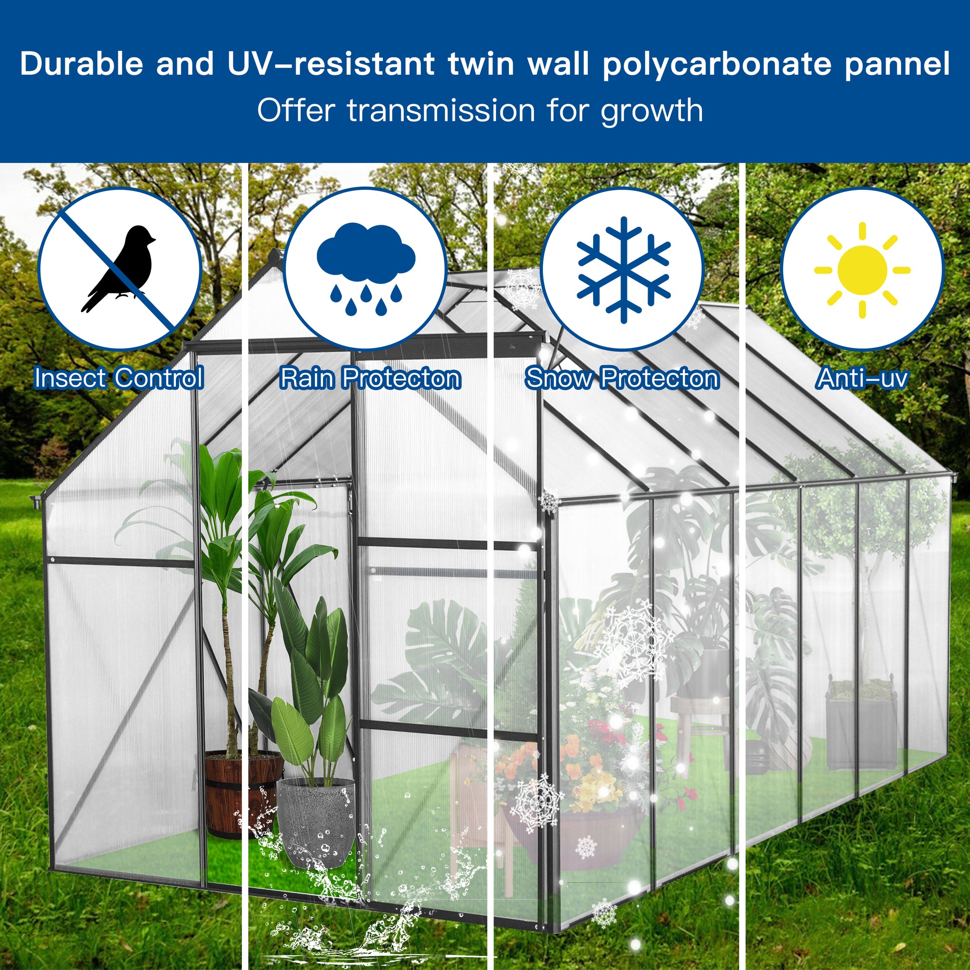 6X12 Ft Polycarbonate Greenhouse Raised Base And Anchor Aluminum Heavy Duty Walk In Greenhouses For Outdoor Backyard In All Season,Black Black Aluminium