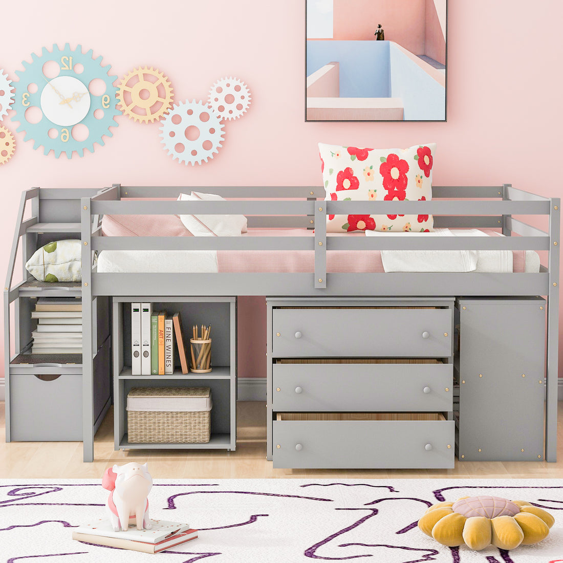 Full Size Loft Bed With Retractable Writing Desk And 3 Drawers, Wooden Loft Bed With Storage Stairs And Shelves, Gray Gray Solid Wood Mdf