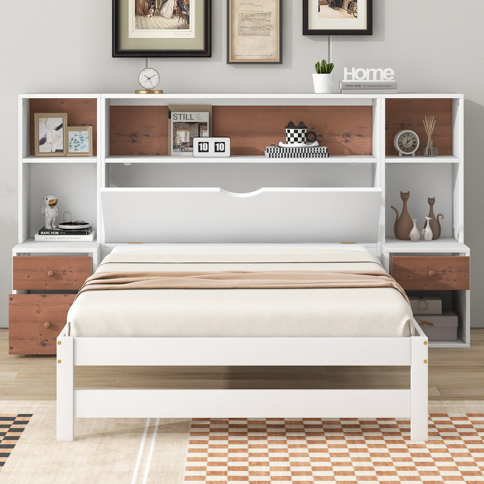 Twin Size Platform Bed With Storage Headboard And Drawers, White Twin Box Spring Not Required White Wood Bedroom Solid Wood Mdf