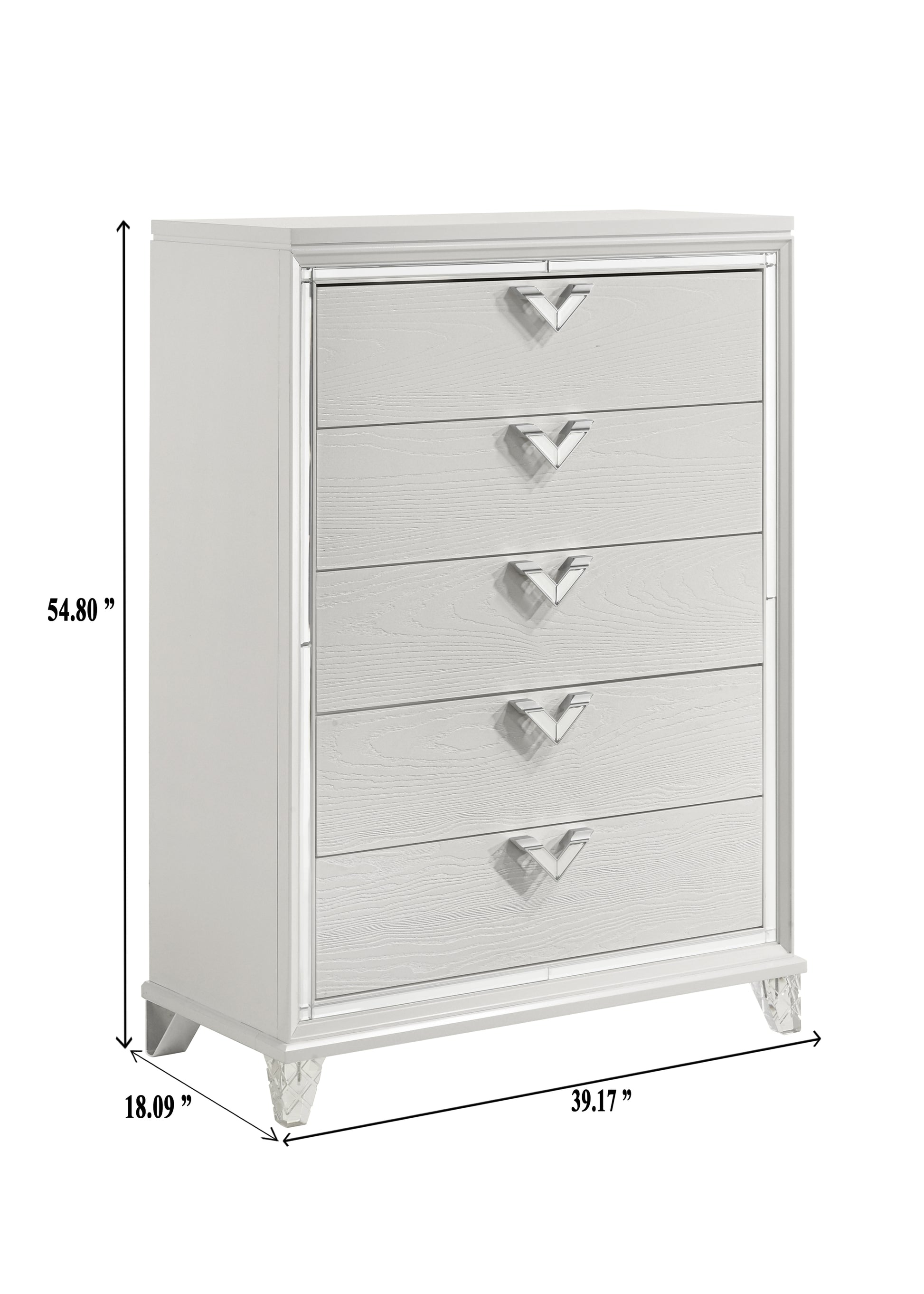 Prism Modern Style 5 Drawer Chest With Mirror Accents & V Shape Handles In White Silver Bedroom Modern Wood