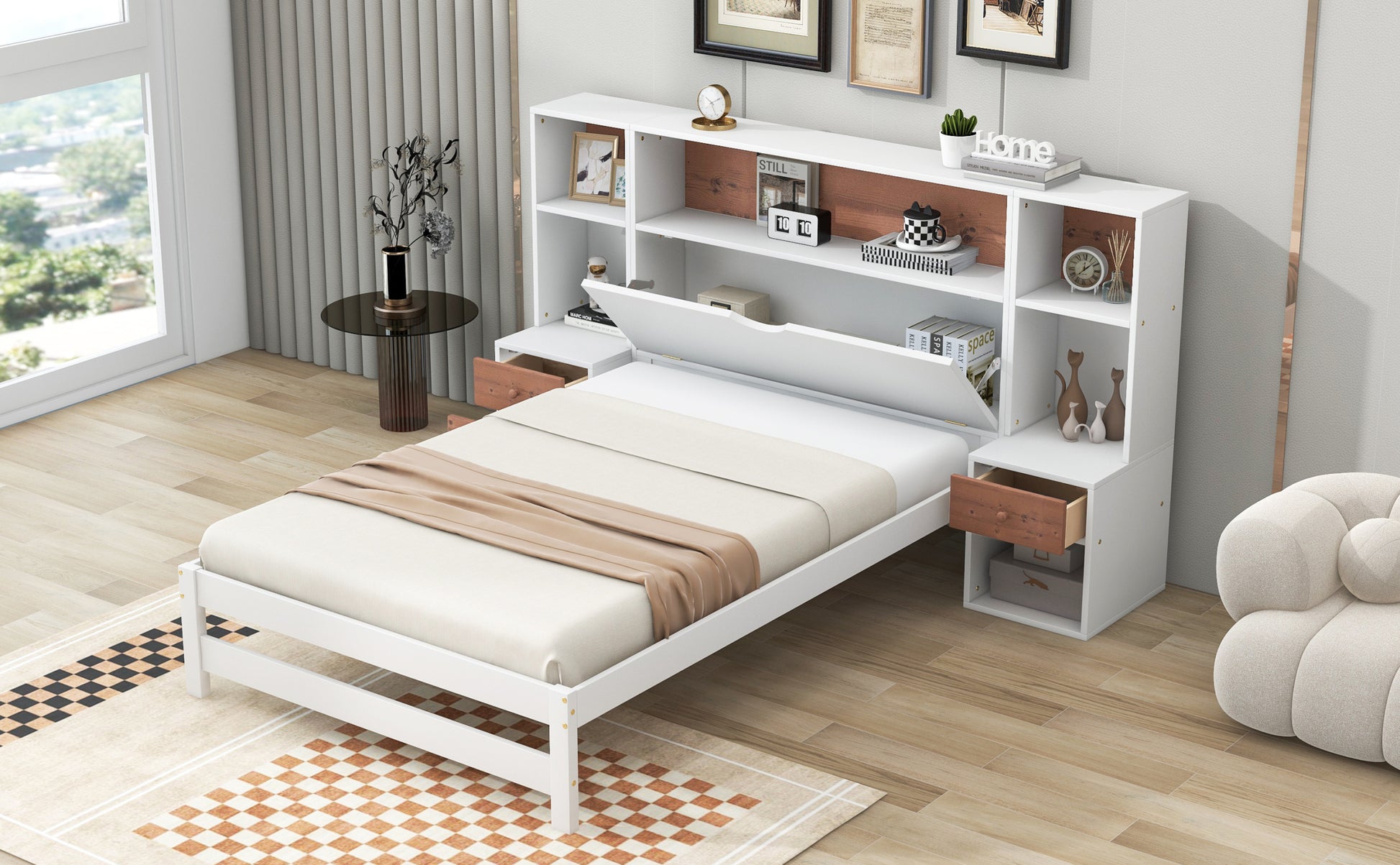 Twin Size Platform Bed With Storage Headboard And Drawers, White Twin Box Spring Not Required White Wood Bedroom Solid Wood Mdf