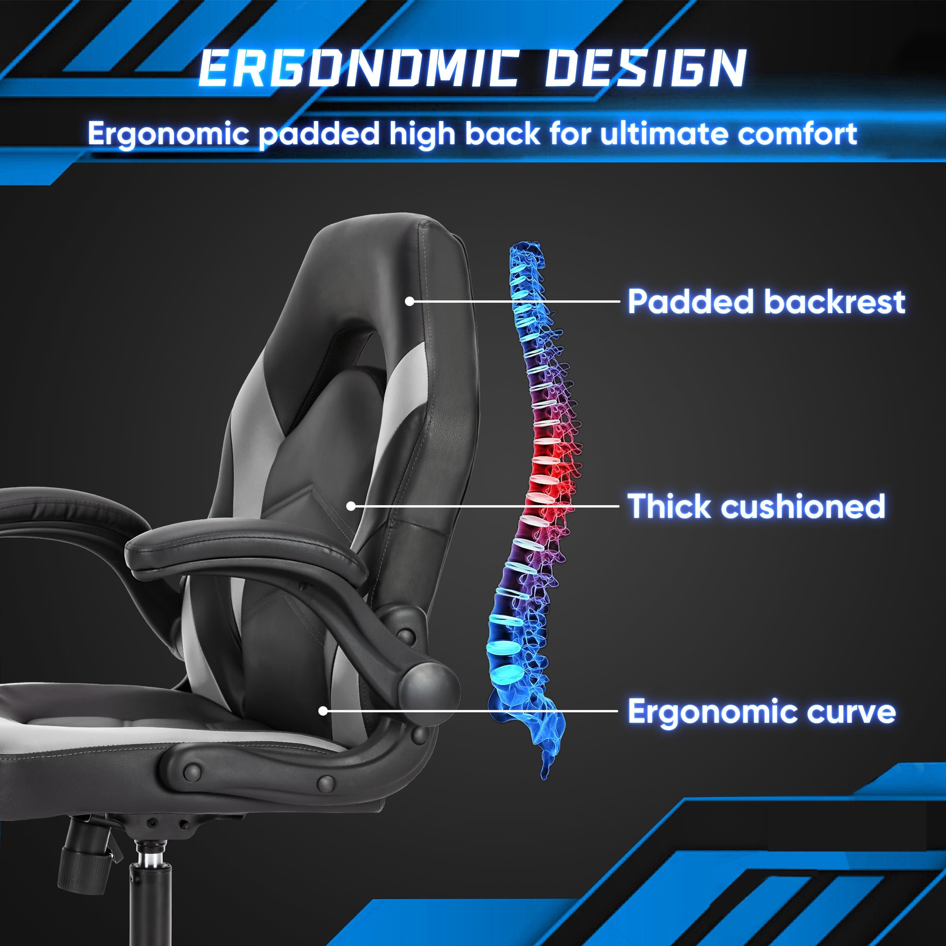 Sweetcrispy Gaming Chair Pu Leather Computer Chair Ergonomic Office Chair With Lumbar Support, Height Adjustable Rolling Desk Chairs With Flip Up Armrests Black Gray Pu