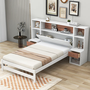 Twin Size Platform Bed With Storage Headboard And Drawers, White Twin Box Spring Not Required White Wood Bedroom Solid Wood Mdf