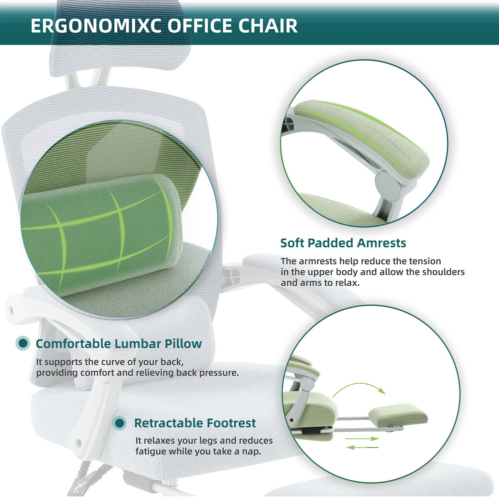 Sweetcrispy Mesh High Back Ergonomic Office Chair Lumbar Support Pillow Computer Desk Chair Green Nylon Mesh