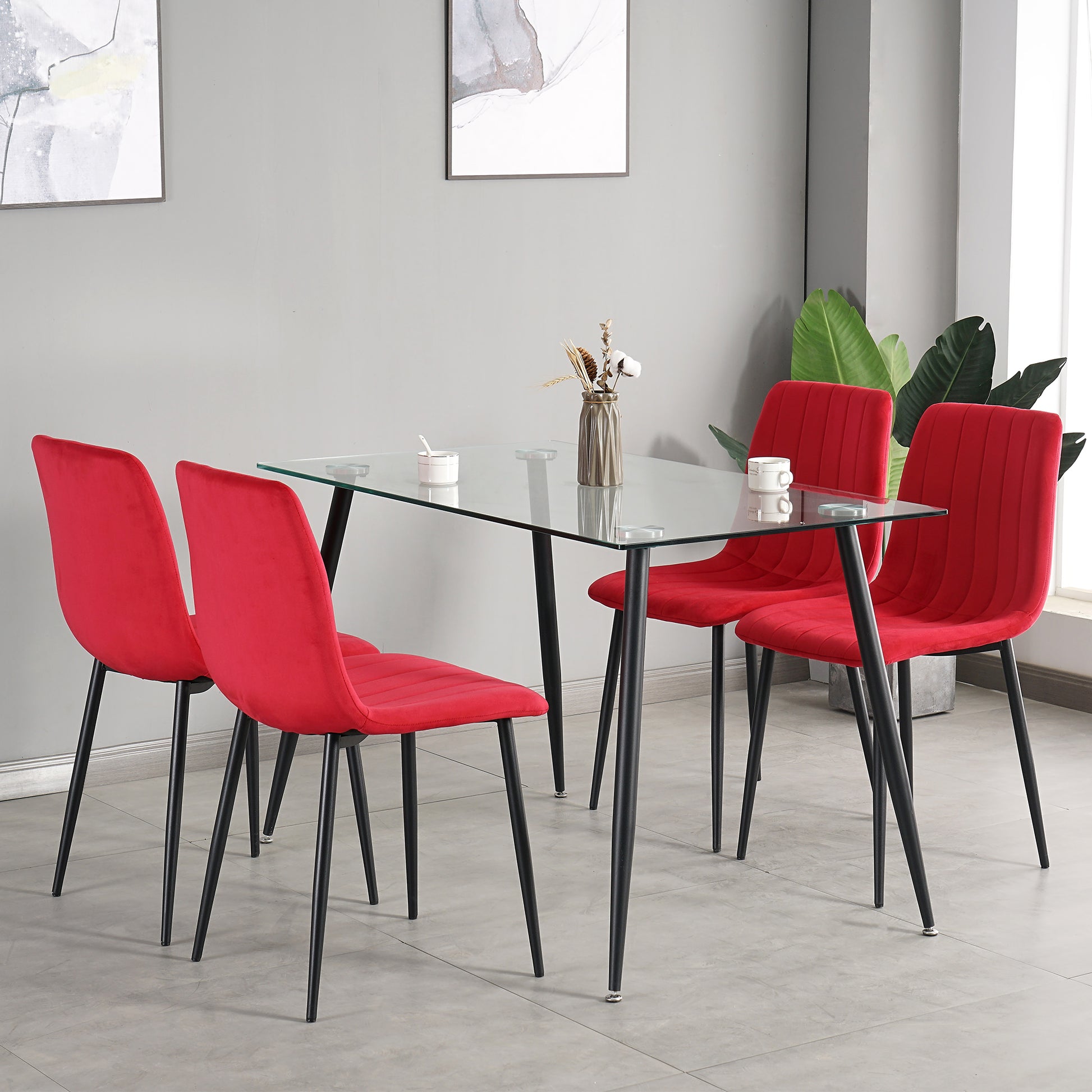Table And Chair Set, One Table And Four Chairs. Clear Tempered Glass Table Top, 0.3 Feet Thick, Black Wrought Iron Legs. Black Spray Paint Chair Legs. Upholstered Chair Glass Red Metal Rectangular