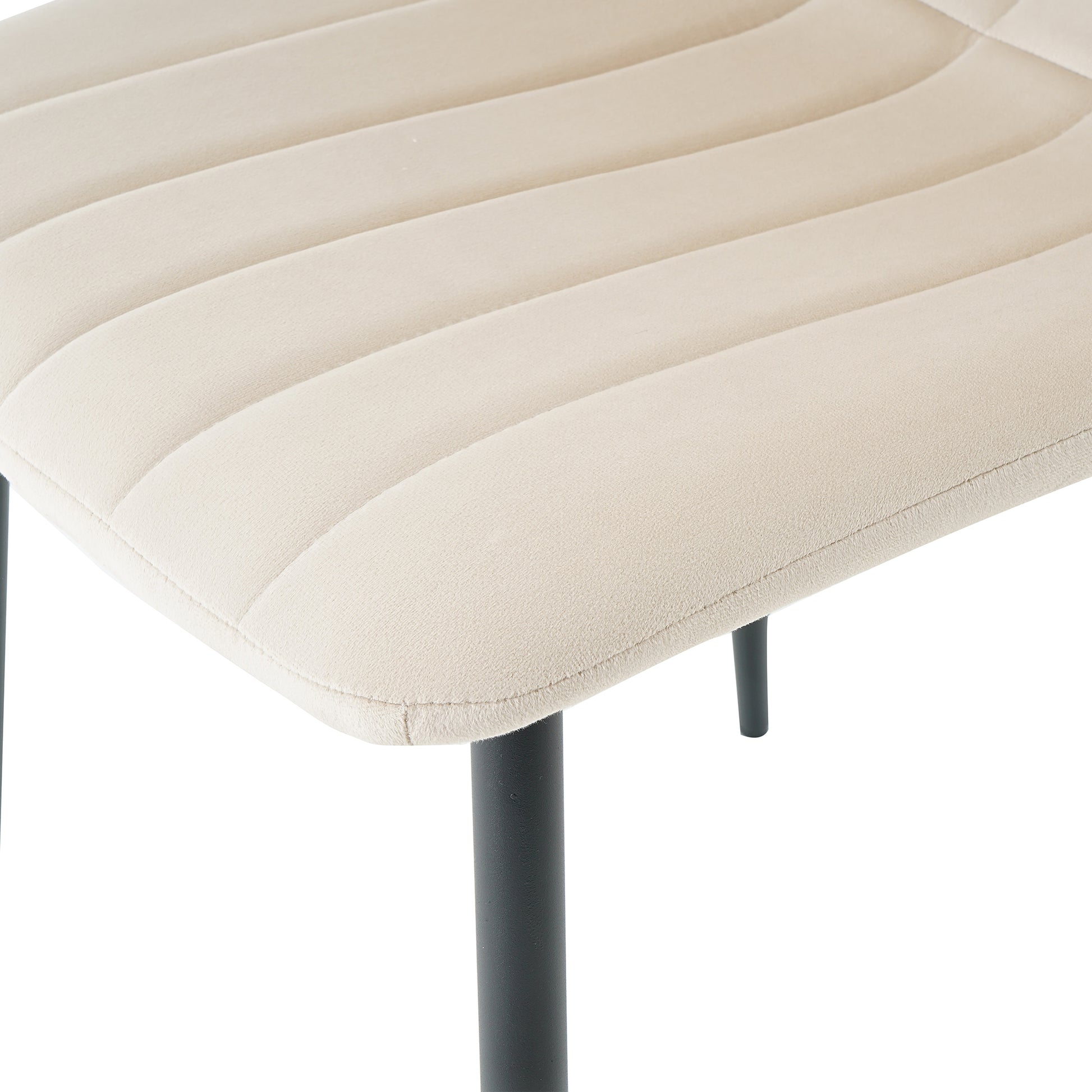 Table And Chair Set, One Table And Four Chairs. Clear Tempered Glass Table Top, 0.3 Feet Thick, Black Wrought Iron Legs. Black Spray Paint Chair Legs. Upholstered Chair Glass Cream White Metal