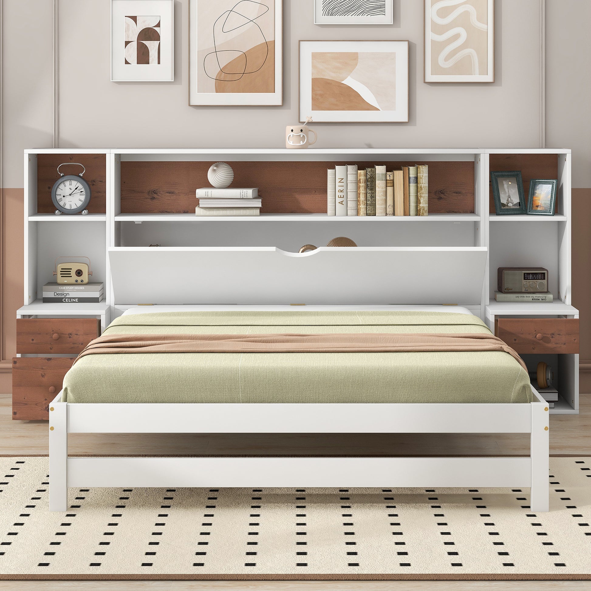 Full Size Platform Bed With Storage Headboard And Drawers, White Full Box Spring Not Required White Wood Bedroom Solid Wood Mdf