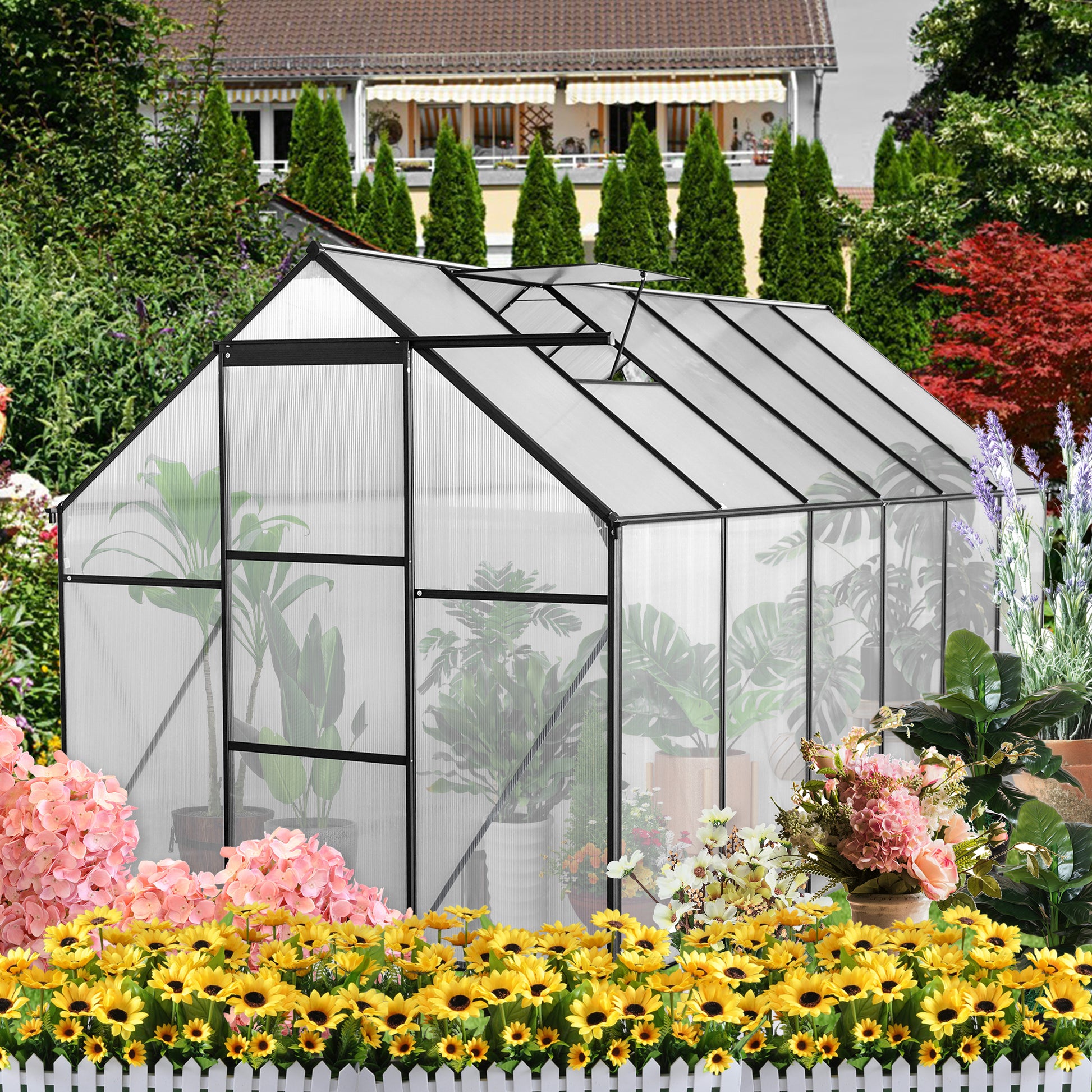 6X12 Ft Polycarbonate Greenhouse Raised Base And Anchor Aluminum Heavy Duty Walk In Greenhouses For Outdoor Backyard In All Season,Black Black Aluminium