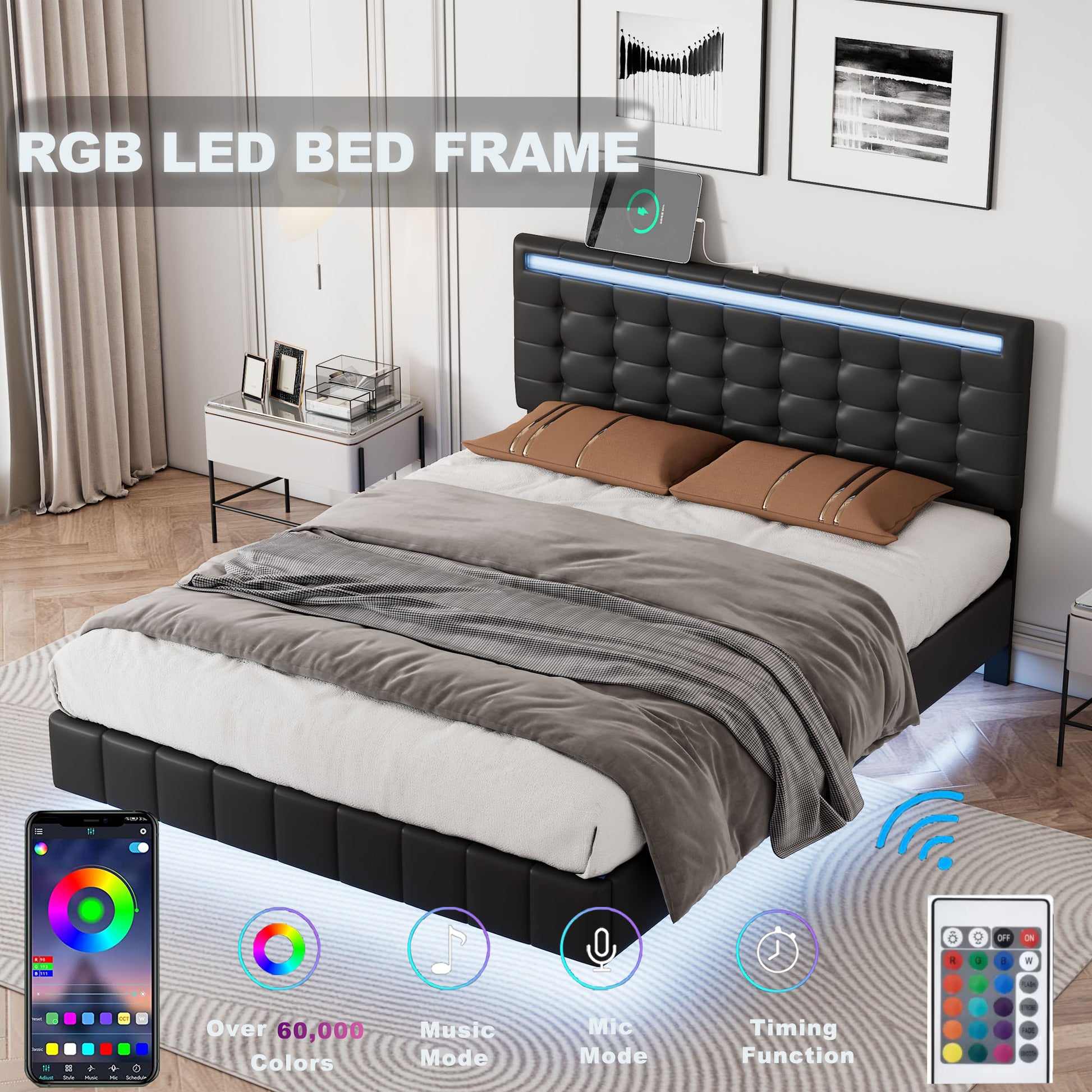 Full Size Floating Bed Frame With Led Lights And Usb Charging,Modern Upholstered Platform Led Bed Frame,Black Full Black Pu