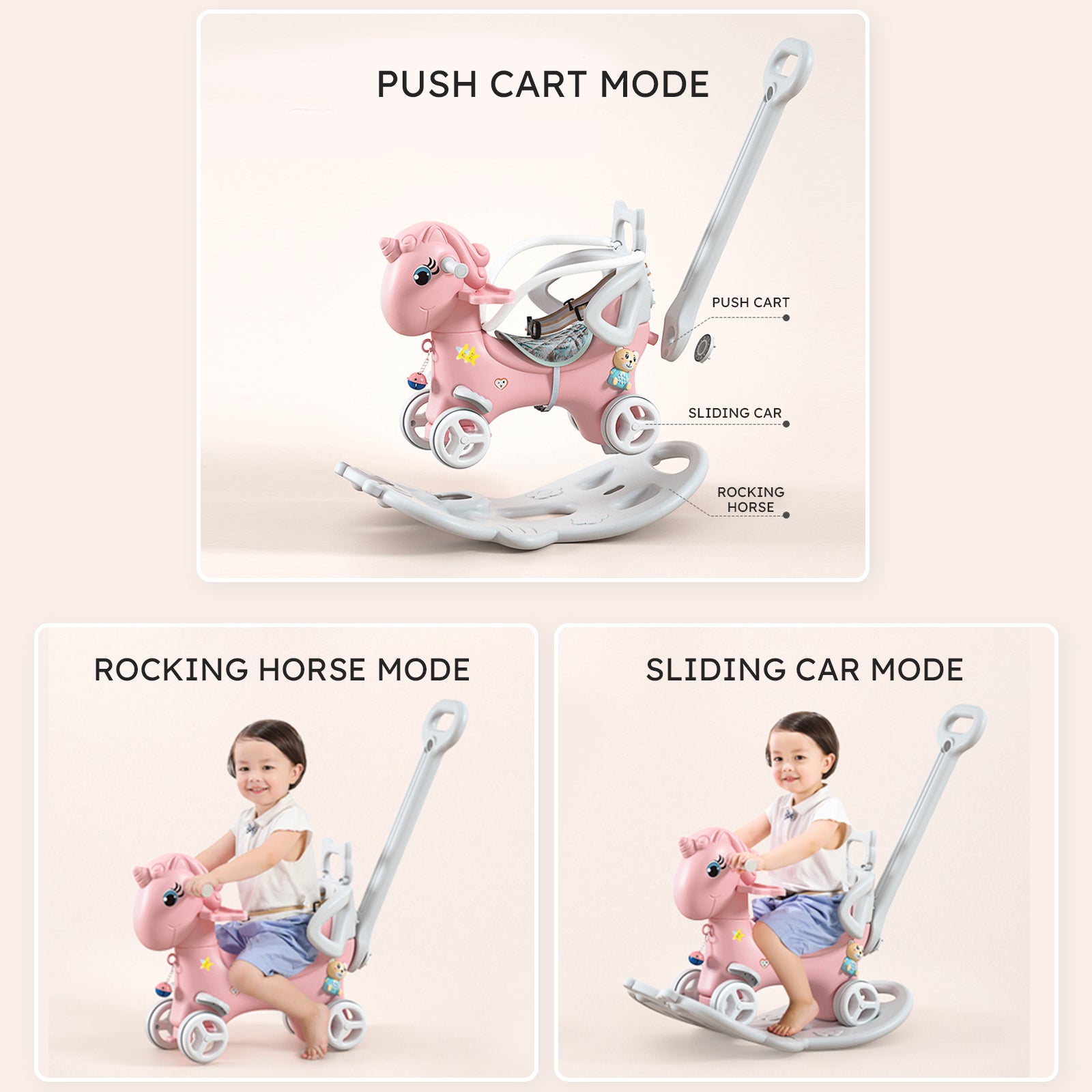 Rocking Horse For Toddlers, Balance Bike Ride On Toys With Push Handle, Backrest And Balance Board For Baby Girl And Boy, Unicorn Kids Pink Color Pink Hdpe