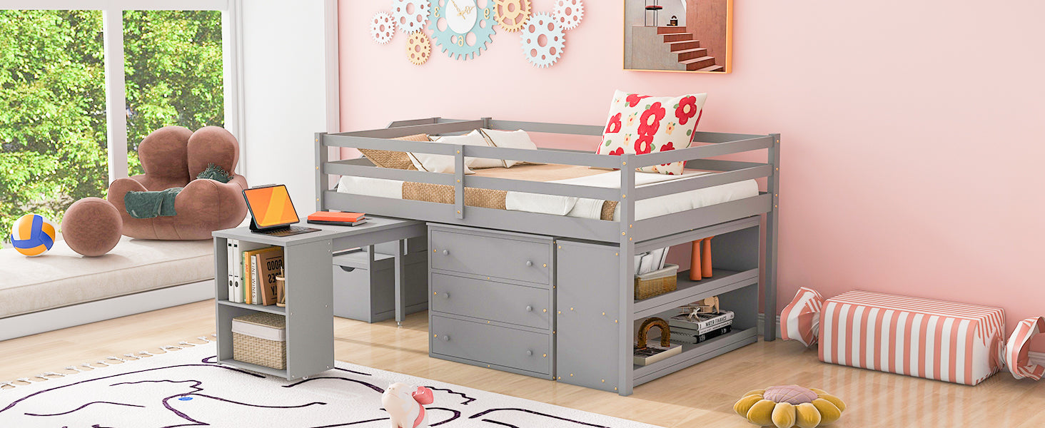 Full Size Loft Bed With Retractable Writing Desk And 3 Drawers, Wooden Loft Bed With Storage Stairs And Shelves, Gray Gray Solid Wood Mdf