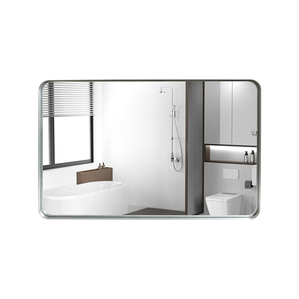 30X20Inch Glossy Brushed Silver Rounded Corner Rectangle Bathroom Mirror For Wall Metal Frame Deep Set Design Hangs Wall Mounted Bathroom Mirror Horizontal & Vertical Silver Classic,Modern Aluminium Alloy