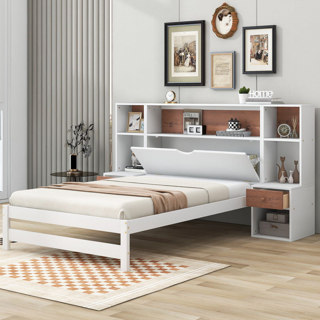 Twin Size Platform Bed With Storage Headboard And Drawers, White Twin Box Spring Not Required White Wood Bedroom Solid Wood Mdf