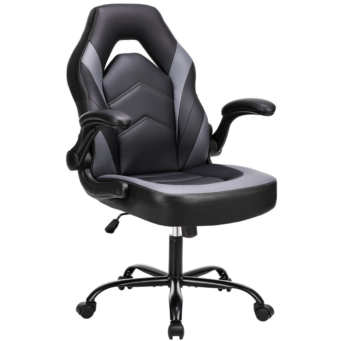 Sweetcrispy Gaming Chair Pu Leather Computer Chair Ergonomic Office Chair With Lumbar Support, Height Adjustable Rolling Desk Chairs With Flip Up Armrests Black Gray Pu