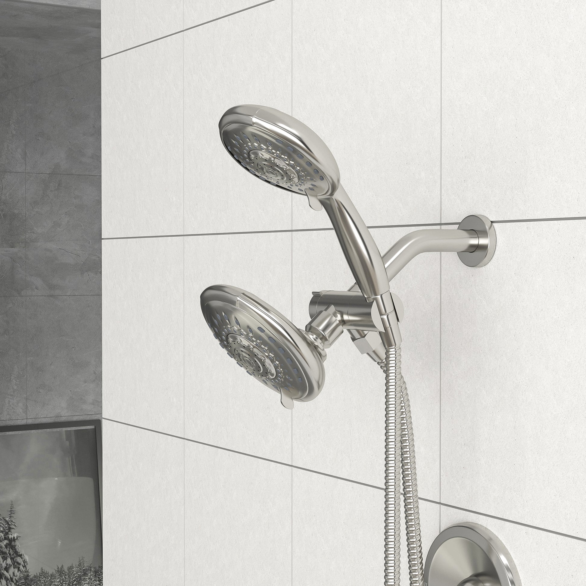 Multi Function Dual Shower Head Shower System With 5" Rain Showerhead, 5 Function Hand Shower, Brushed Nickel Brushed Nickel Stainless Steel