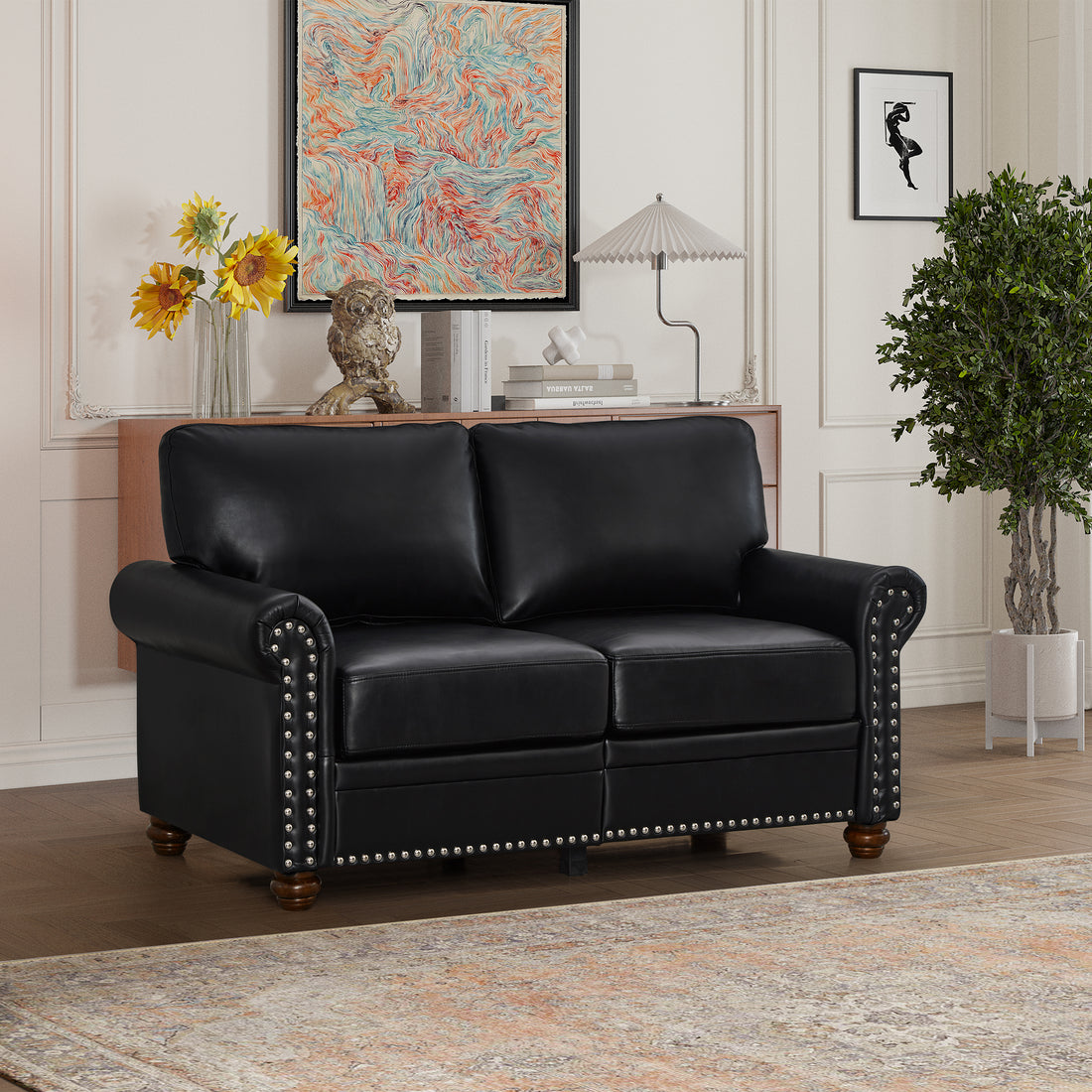 Living Room Sofa Loveseat Black Faux Leather Black Foam Pu Leather