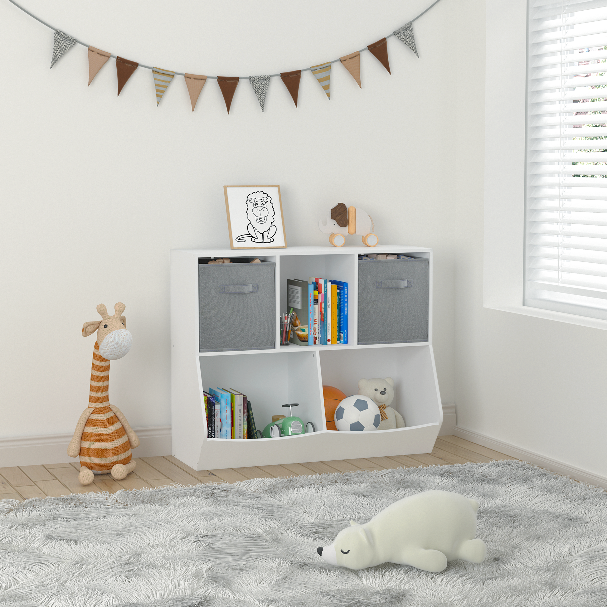 Kids Bookcase With Collapsible Fabric Drawers, Children'S Toy Storage Cabinet For Playroom, Bedroom, Nursery, School, White Gray White Gray Mdf