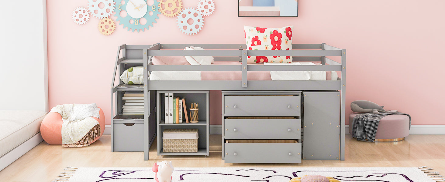 Full Size Loft Bed With Retractable Writing Desk And 3 Drawers, Wooden Loft Bed With Storage Stairs And Shelves, Gray Gray Solid Wood Mdf