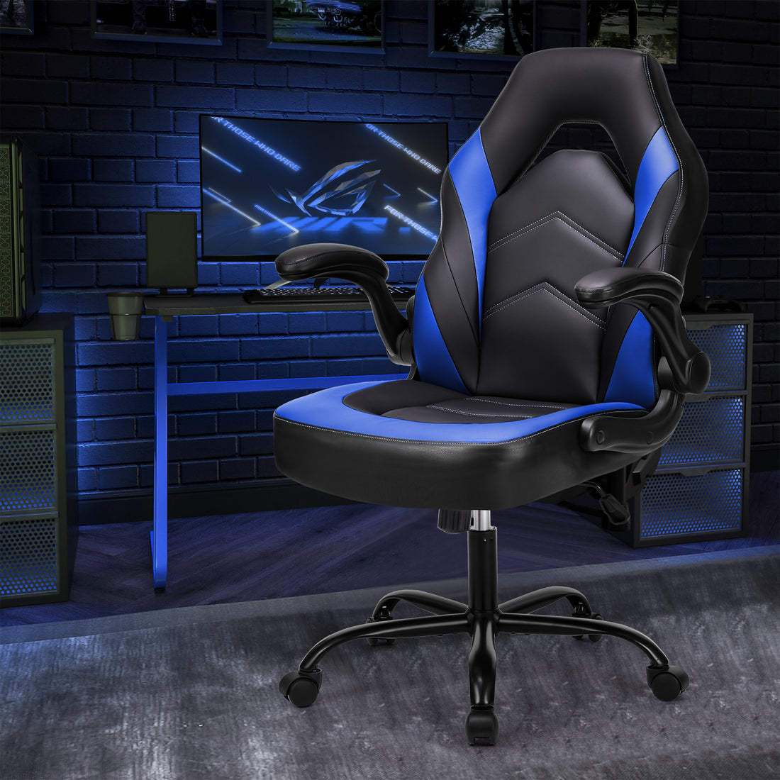 Sweetcrispy Gaming Chair Pu Leather Computer Chair Ergonomic Office Chair With Lumbar Support, Height Adjustable Rolling Desk Chairs With Flip Up Armrests Black Blue Pu