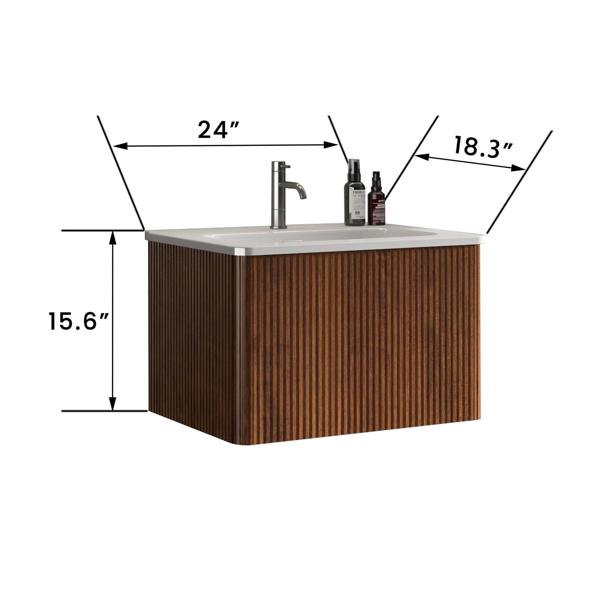 U046 Etna24W 305 Etna 24" Striped Walnut Bathroom Vanity With White Ceramic Sink, Wall Mounted Floating Bathroom Vanity For Modern Bathroom, Pre Assembled White Walnut Melamine