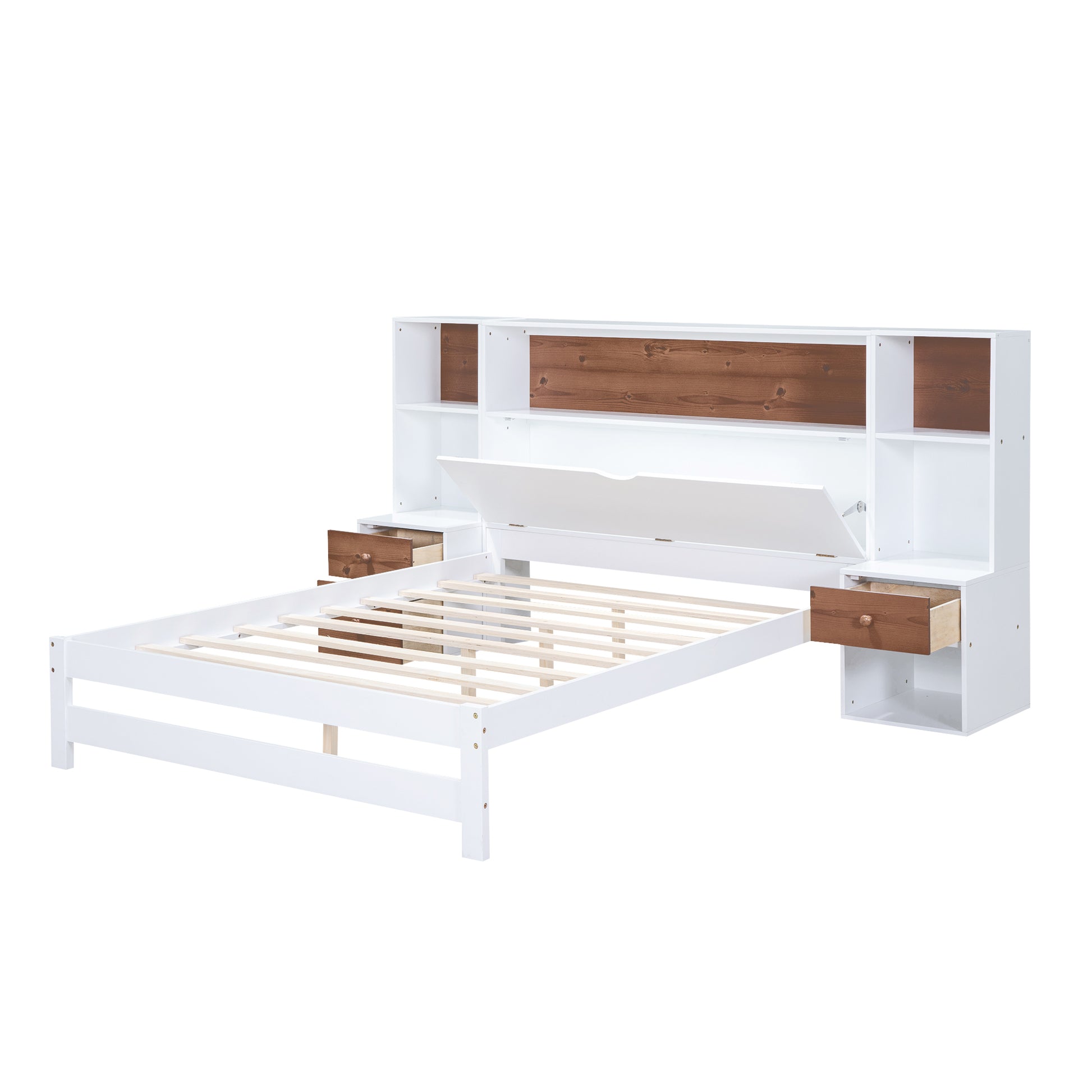 Full Size Platform Bed With Storage Headboard And Drawers, White Full Box Spring Not Required White Wood Bedroom Solid Wood Mdf