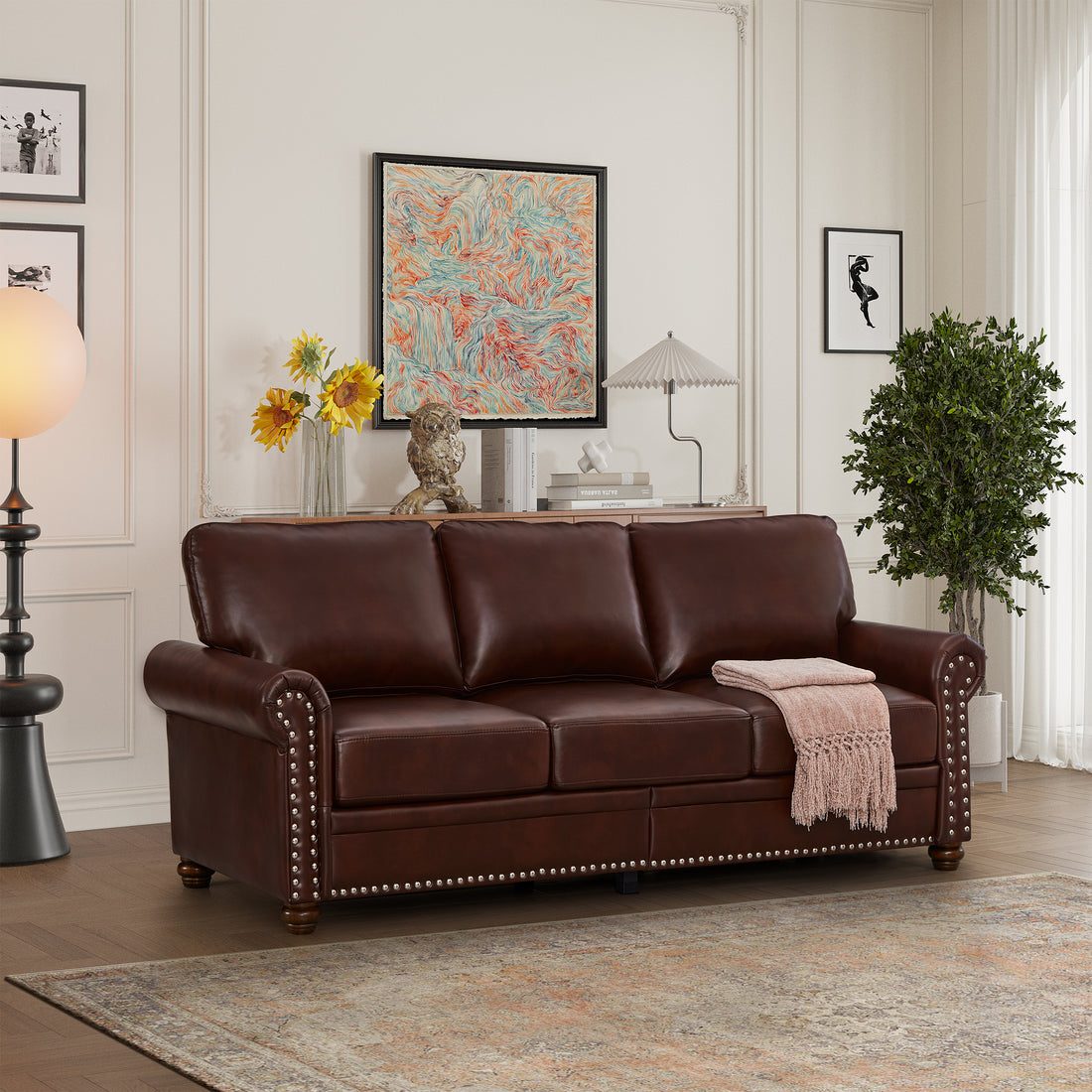 Classic Living Room Nails Sofa Burdy Faux Leather Burgundy Foam Pu Leather 3 Seat