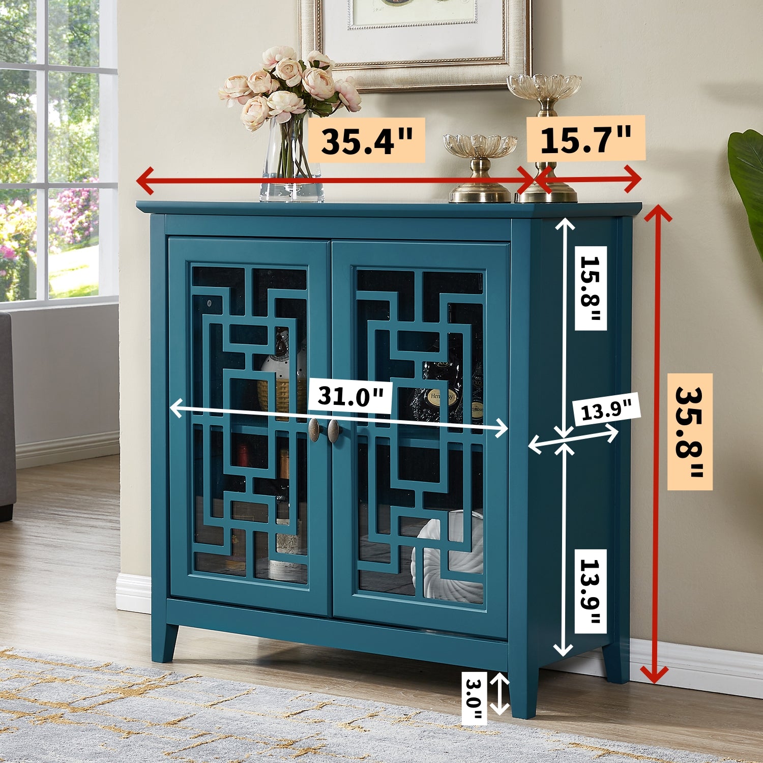 Storage Cabinet, Buffet Sideboard, Teal Blue Teal Blue Primary Living Space Adjustable Shelves Mdf Glass