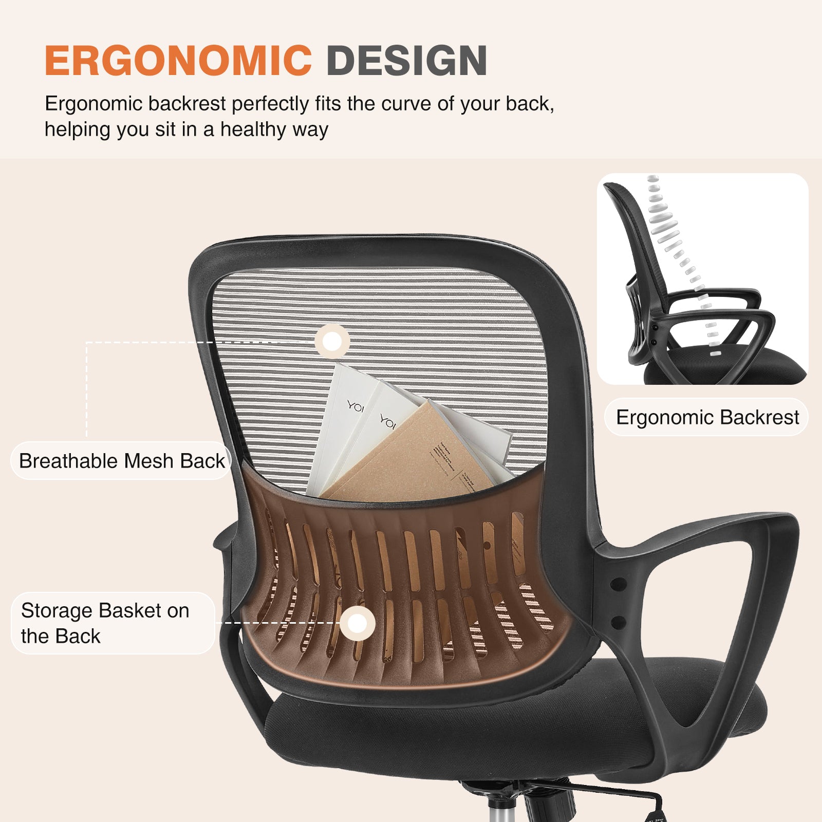 Sweetcrispy Ergonomic Office Chair Home Desk Mesh Chair With Fixed Armrest Executive Computer Chair With Soft Foam Seat Cushion Black Nylon Mesh