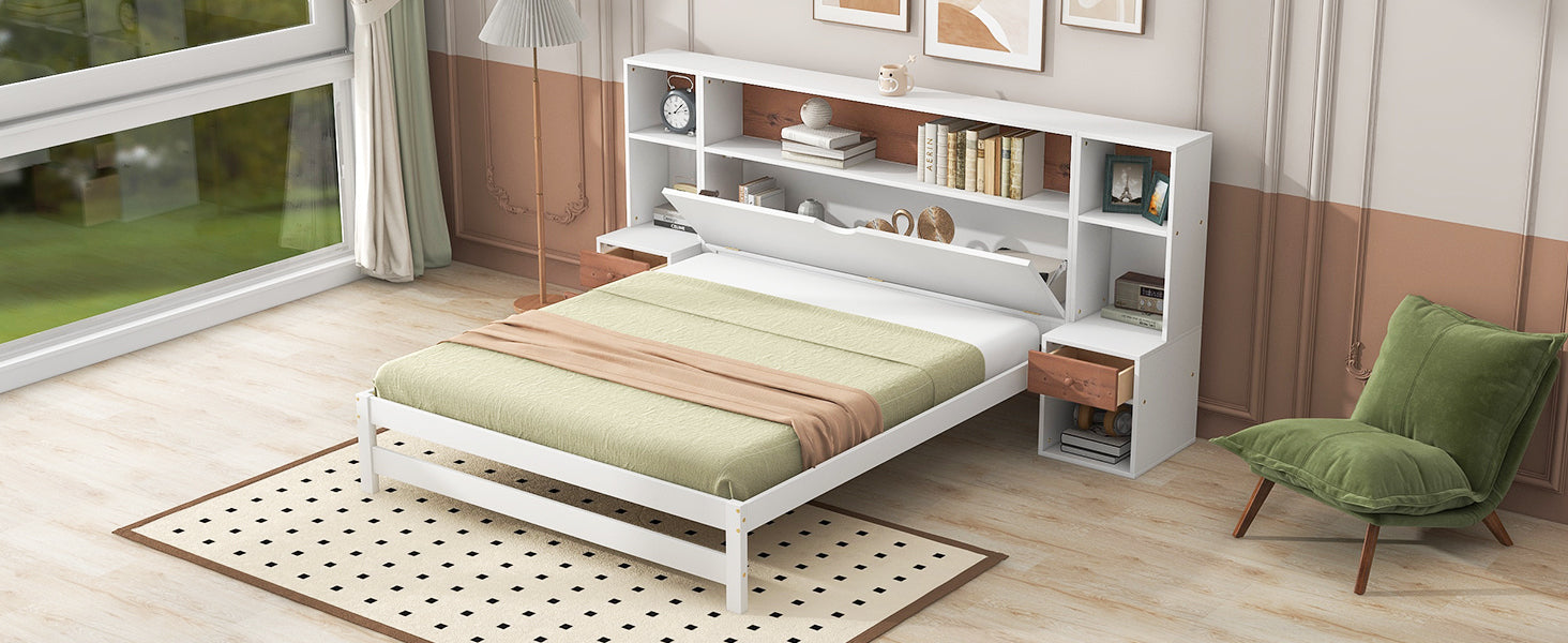 Full Size Platform Bed With Storage Headboard And Drawers, White Full Box Spring Not Required White Wood Bedroom Solid Wood Mdf