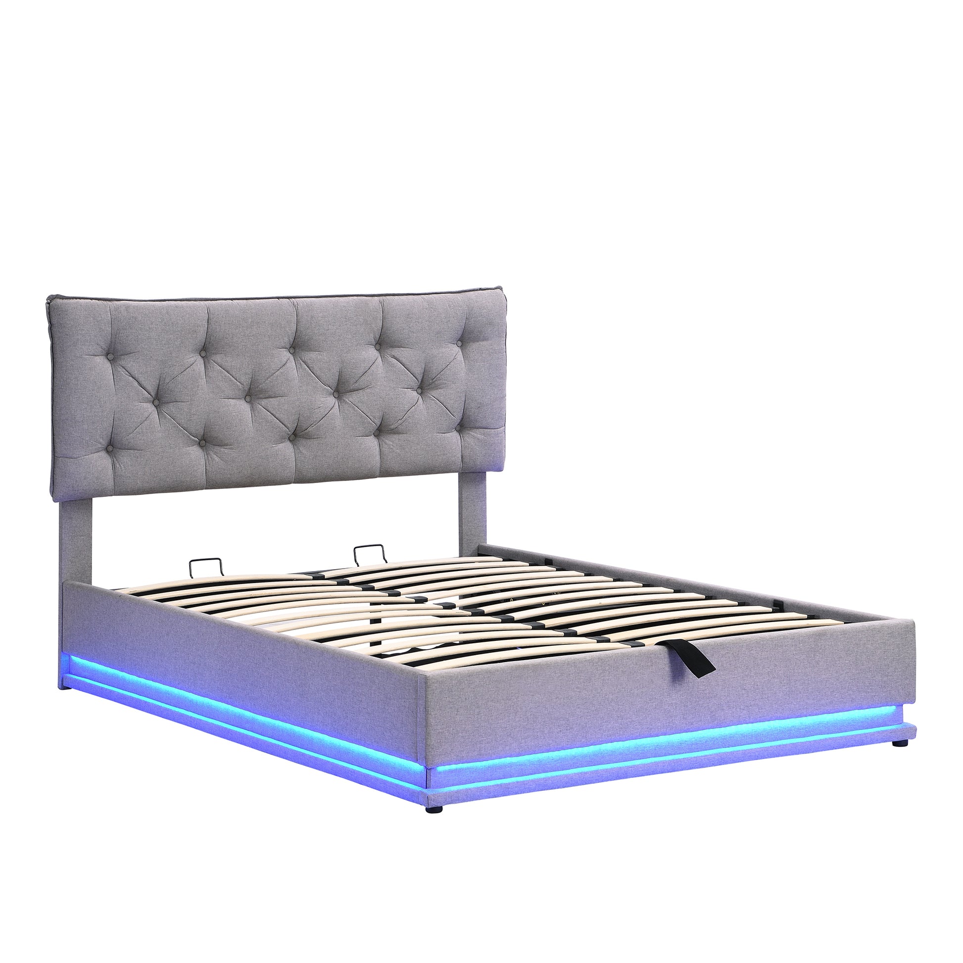 Full Size Upholstered Bed With Hydraulic Storage System And Led Light, Modern Platform Bed With Button Tufted Design Headboard, Gray Gray Linen