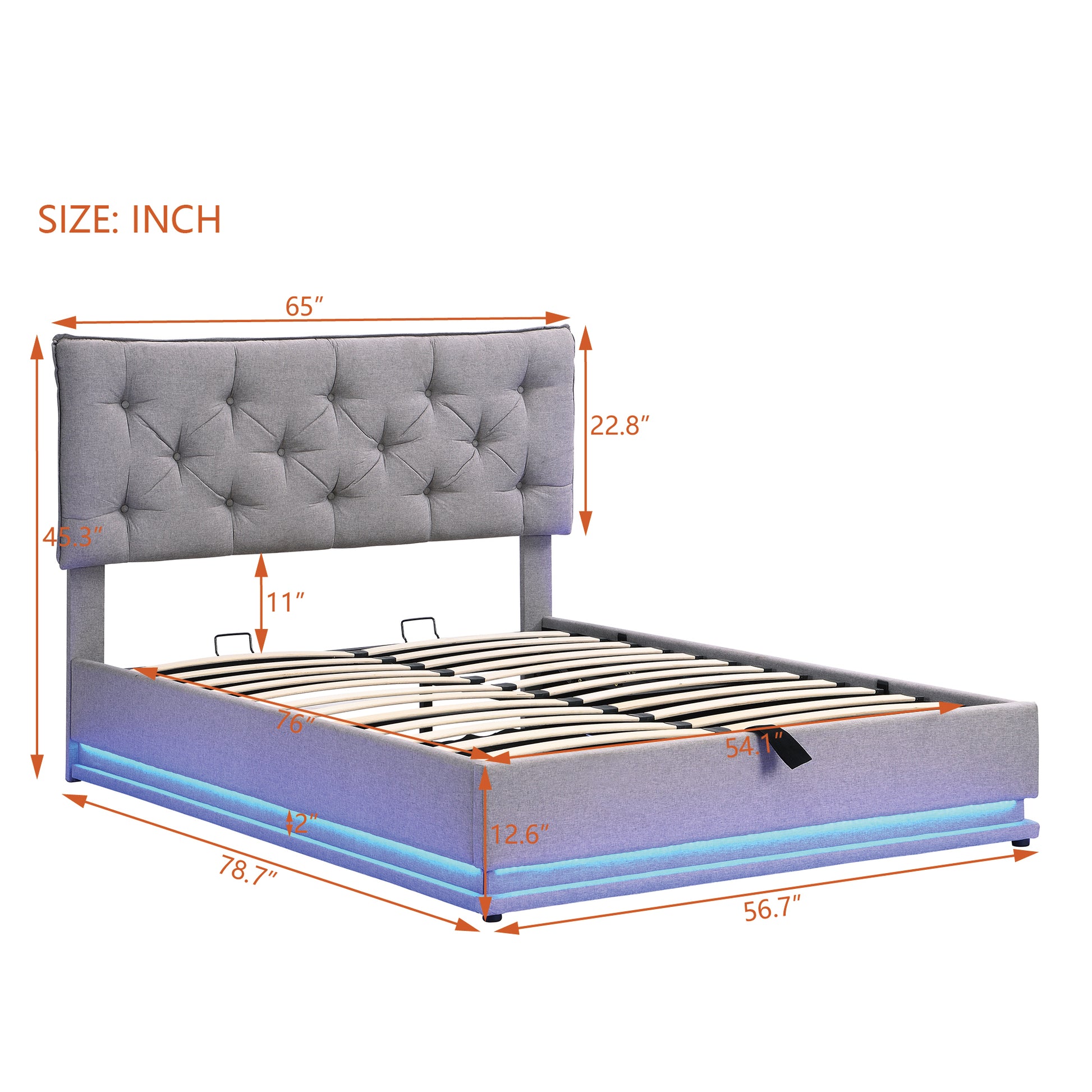 Full Size Upholstered Bed With Hydraulic Storage System And Led Light, Modern Platform Bed With Button Tufted Design Headboard, Gray Gray Linen