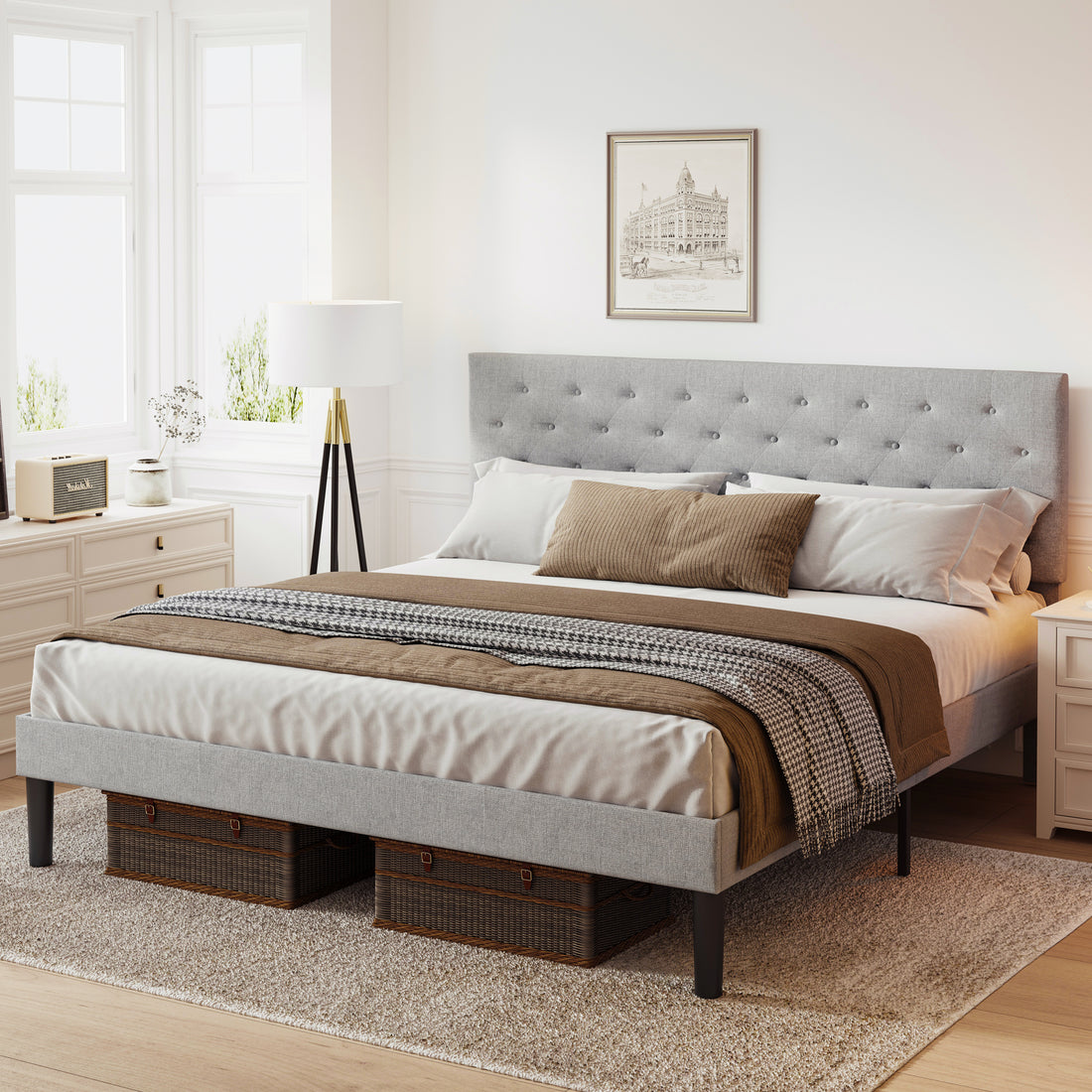 Simple Queen Size Grey Bed Frame, Adjustable Headboard Box Spring Not Required Queen Light Grey Iron Light Brown Bedroom Modern Bed Frame Polyester Iron