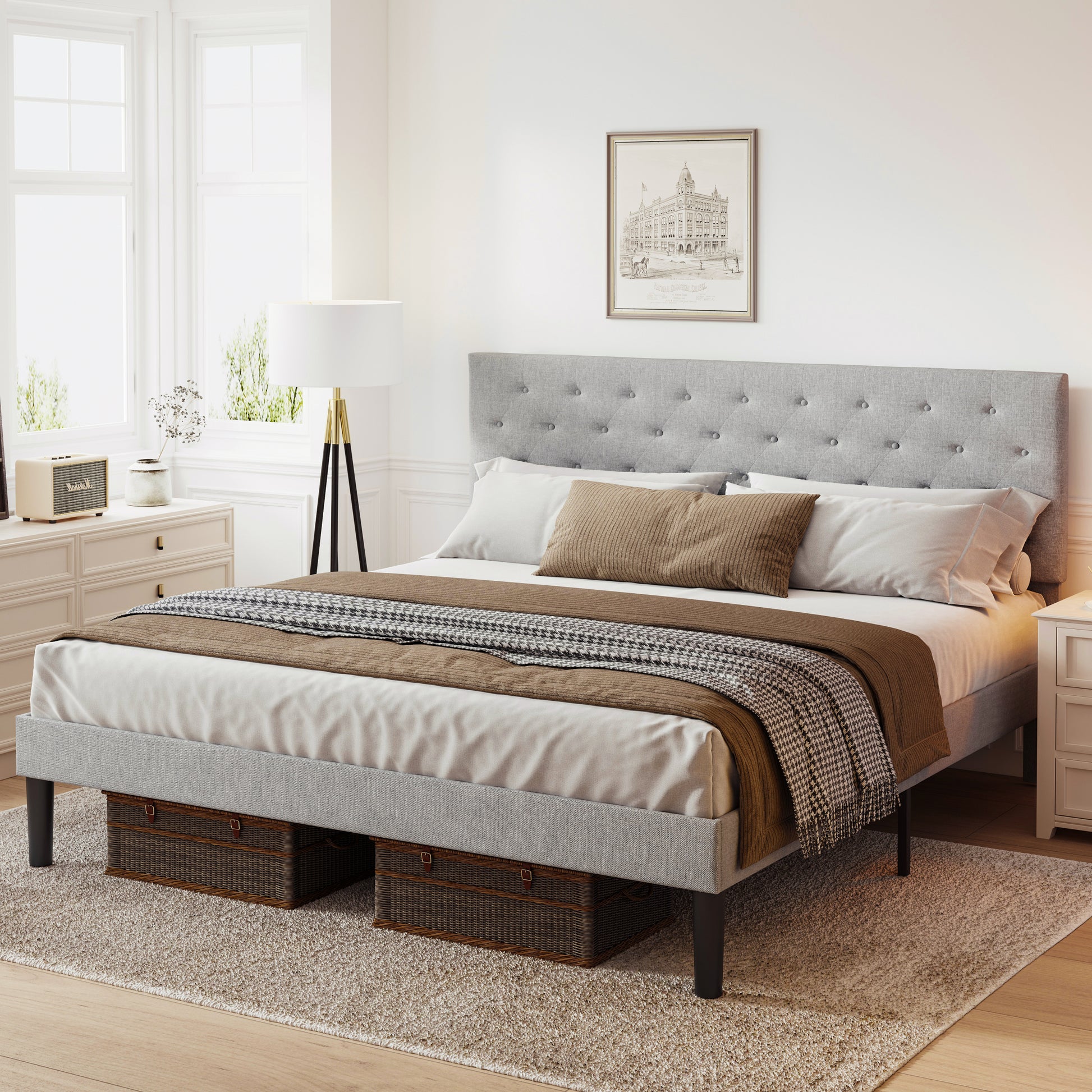 Simple King Size Grey Bed Frame, Adjustable Headboard Box Spring Not Required King Light Grey Iron Light Brown Bedroom Modern Bed Frame Polyester Iron