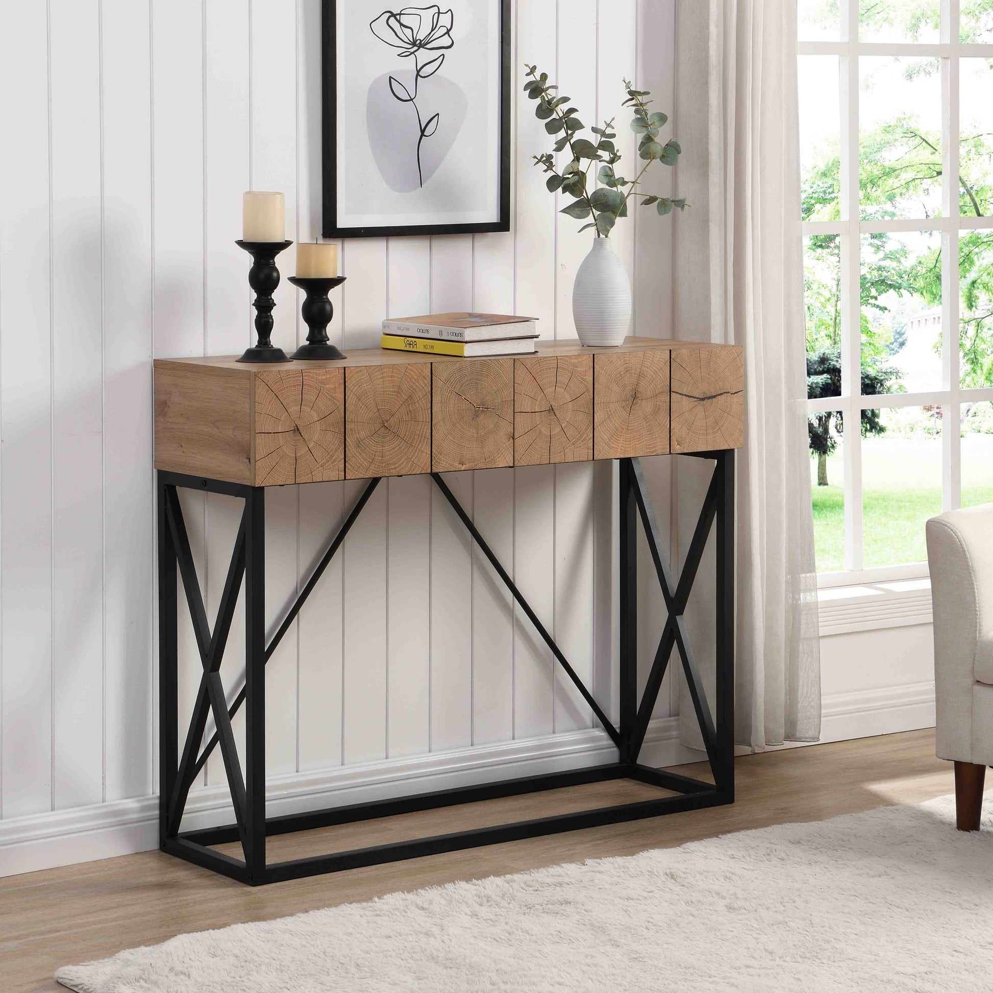 43.31'' Luxury Wood Sofa Table, Industrial Console Table For Entryway, Hallway Tables With Two Drawers For Living Room Natural Mdf Iron