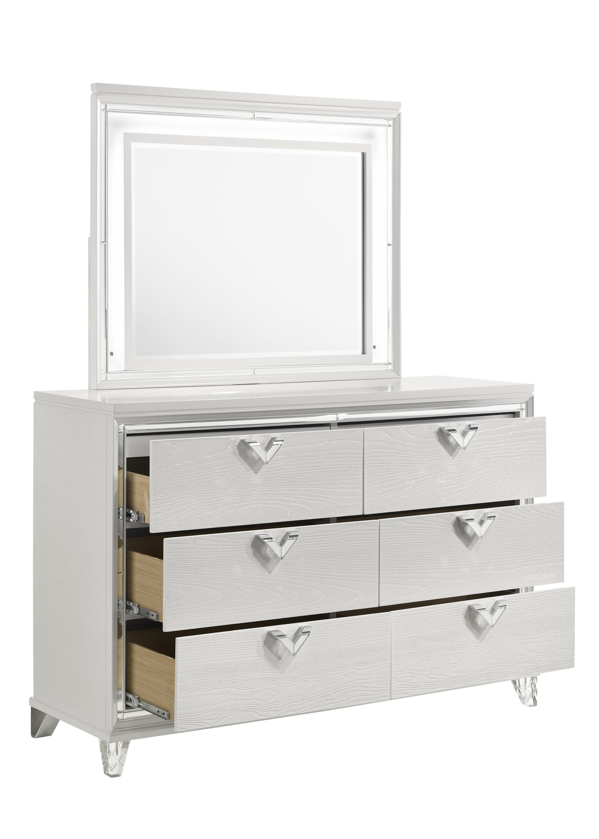 Prism Modern Style 6 Drawer Dresser With Mirror Accent & V Shape Handles In White Silver Bedroom Modern Wood