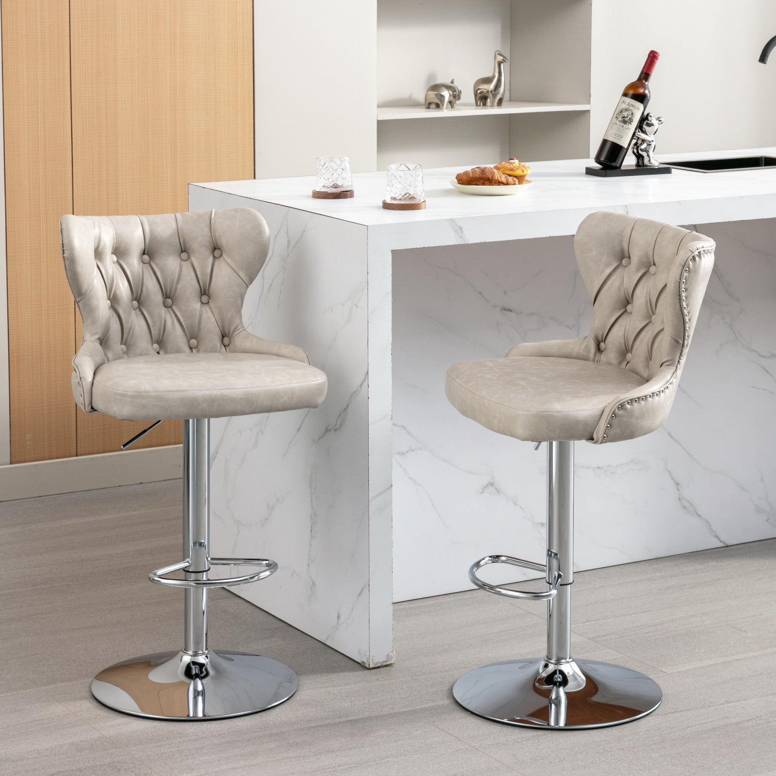 Swivel Pu Barstools Adjusatble Seat Height From 25 33 Inch, Modern Upholstered Chrome Base Bar Stools With Backs Comfortable Tufted For Home Pub And Kitchen Island,Olive Green, Sw1844Bg Beige Dining Room American Design Foam Pu Leather