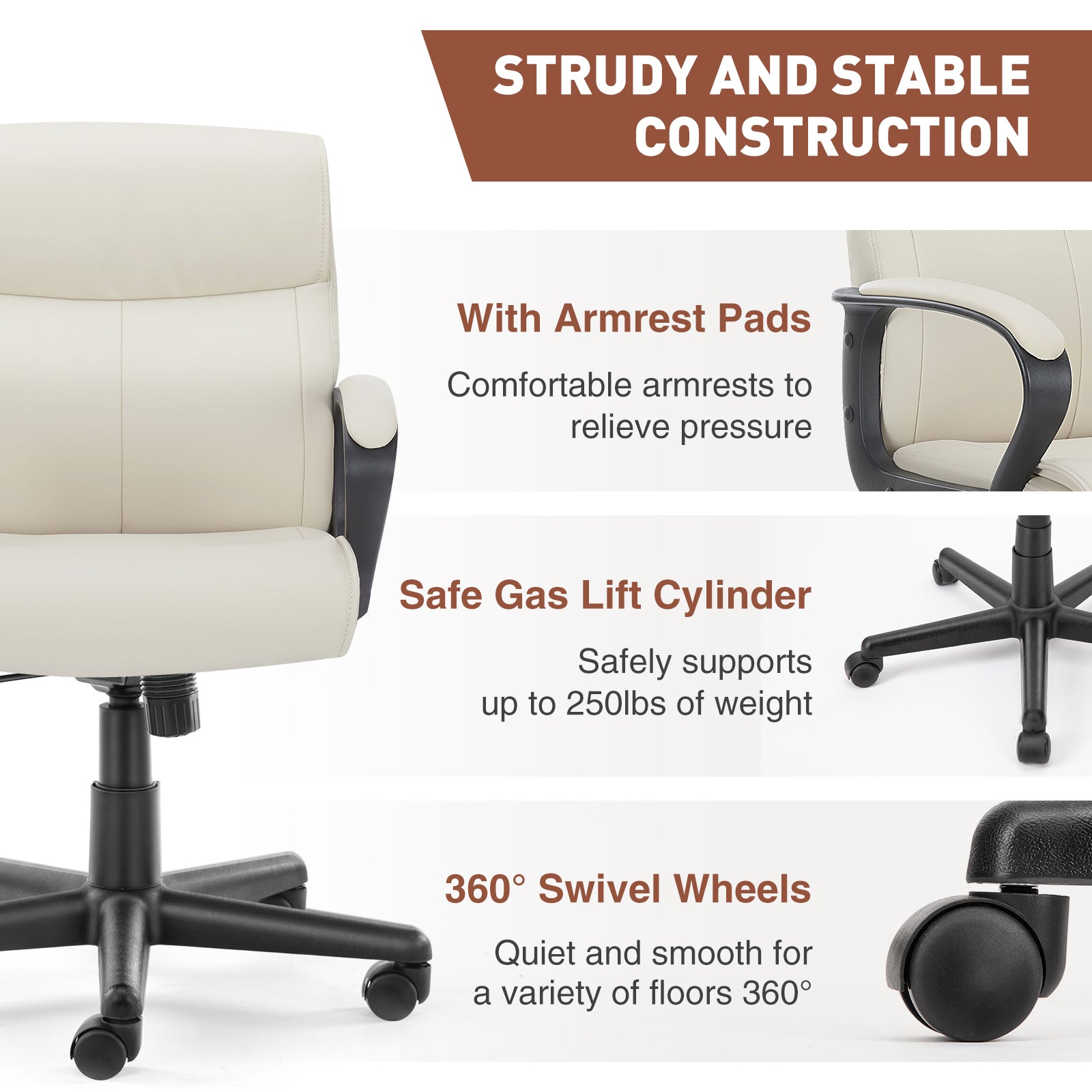 Sweetcrispy Mid Back Office Desk Chair With Padded Armrests Pu Leather Home Office Chair Gray Pu Leather