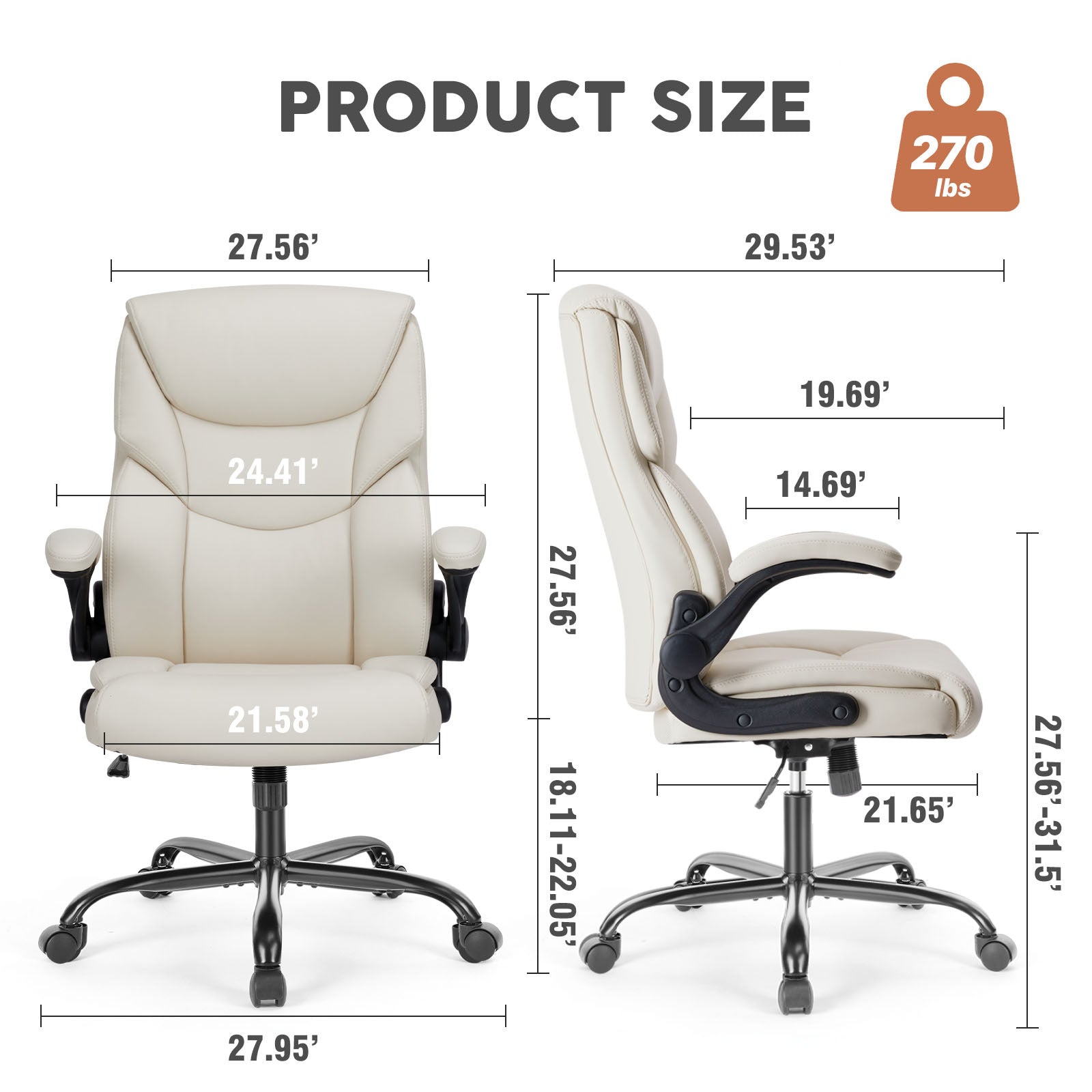 Sweetcrispy Executive Office Pu Leather Desk Chair High Back Flip Up Armrest Adjustable Ergonomic Home Office Chair White Pu Leather