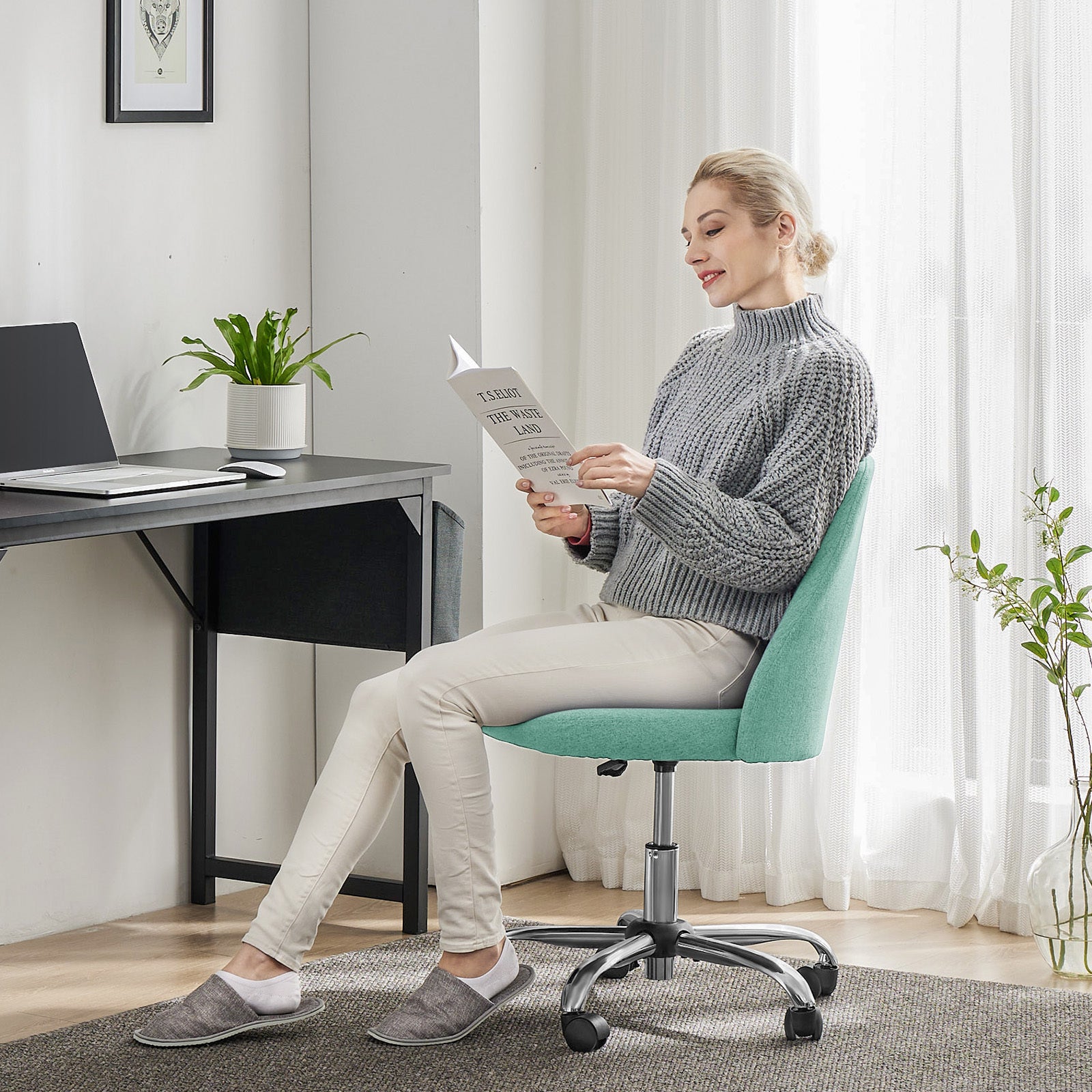 Sweetcrispy Armless Home Office Desk Chair With Wheels Adjustable Swivel Task Computer Vanity Chair For Small Spaces Green Fabric