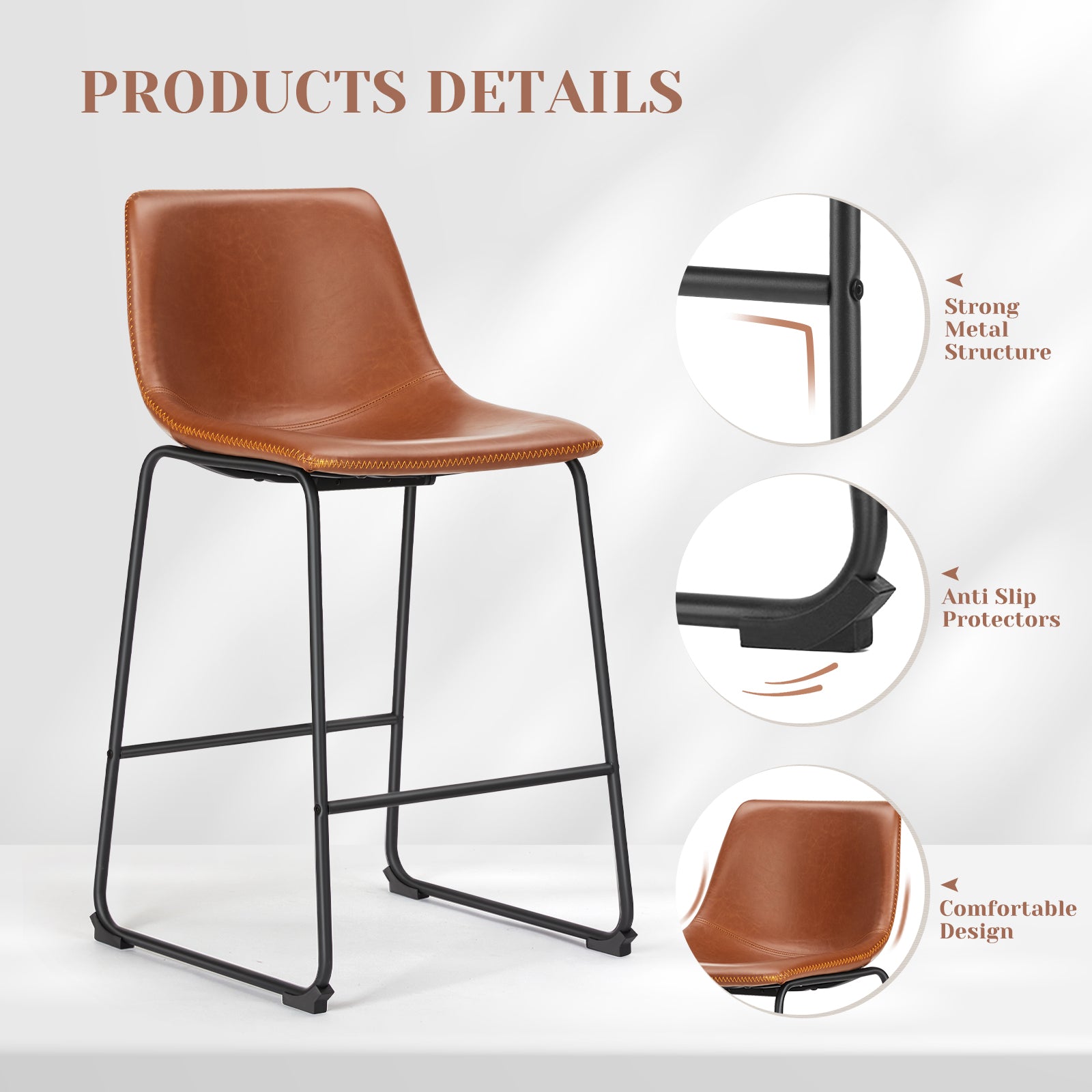 Sweetcrispy 26 Inch Counter Height Bar Stools Set Of 2 Leather Barstool With Back And Metal Leg Modern Bar Stools For Kitchen Island Pub Living Room Brown Pu