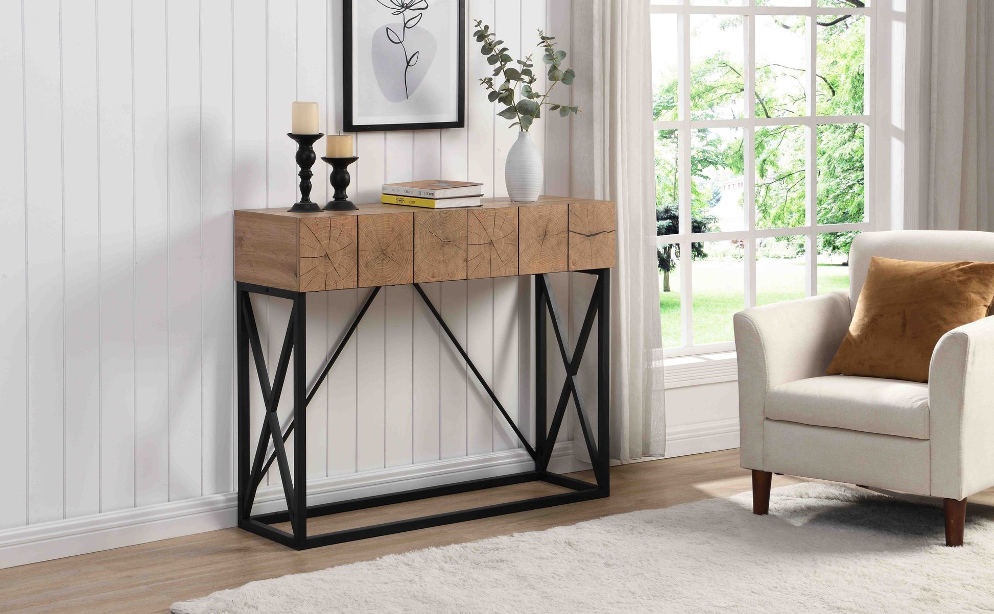 43.31'' Luxury Wood Sofa Table, Industrial Console Table For Entryway, Hallway Tables With Two Drawers For Living Room Natural Mdf Iron