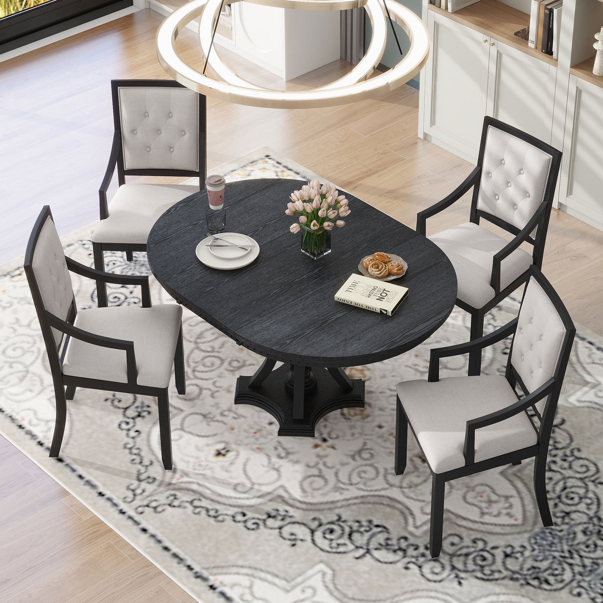 Retro 5 Piece Dining Set Extendable Round Table And 4 Chairs For Kitchen Dining Room Black Oak Black Mdf