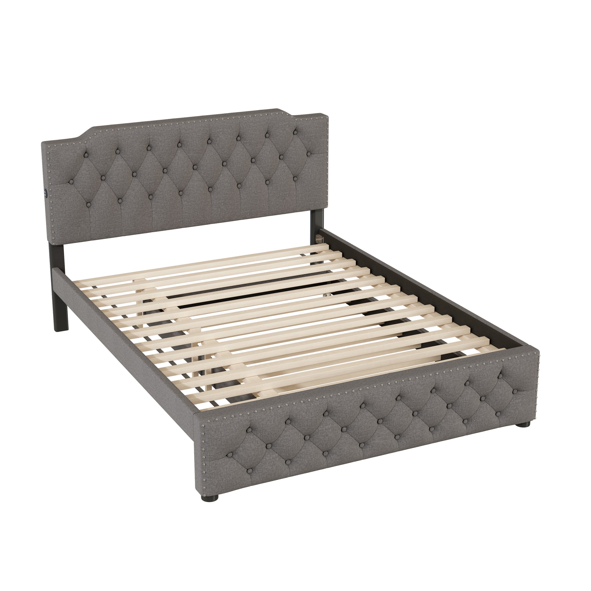Queen Size Upholstered Platform Bed With Twin Size Trundle And 2 Sets Of Usb Ports On Each Side, Linen Fabric, Gray Queen Gray Linen